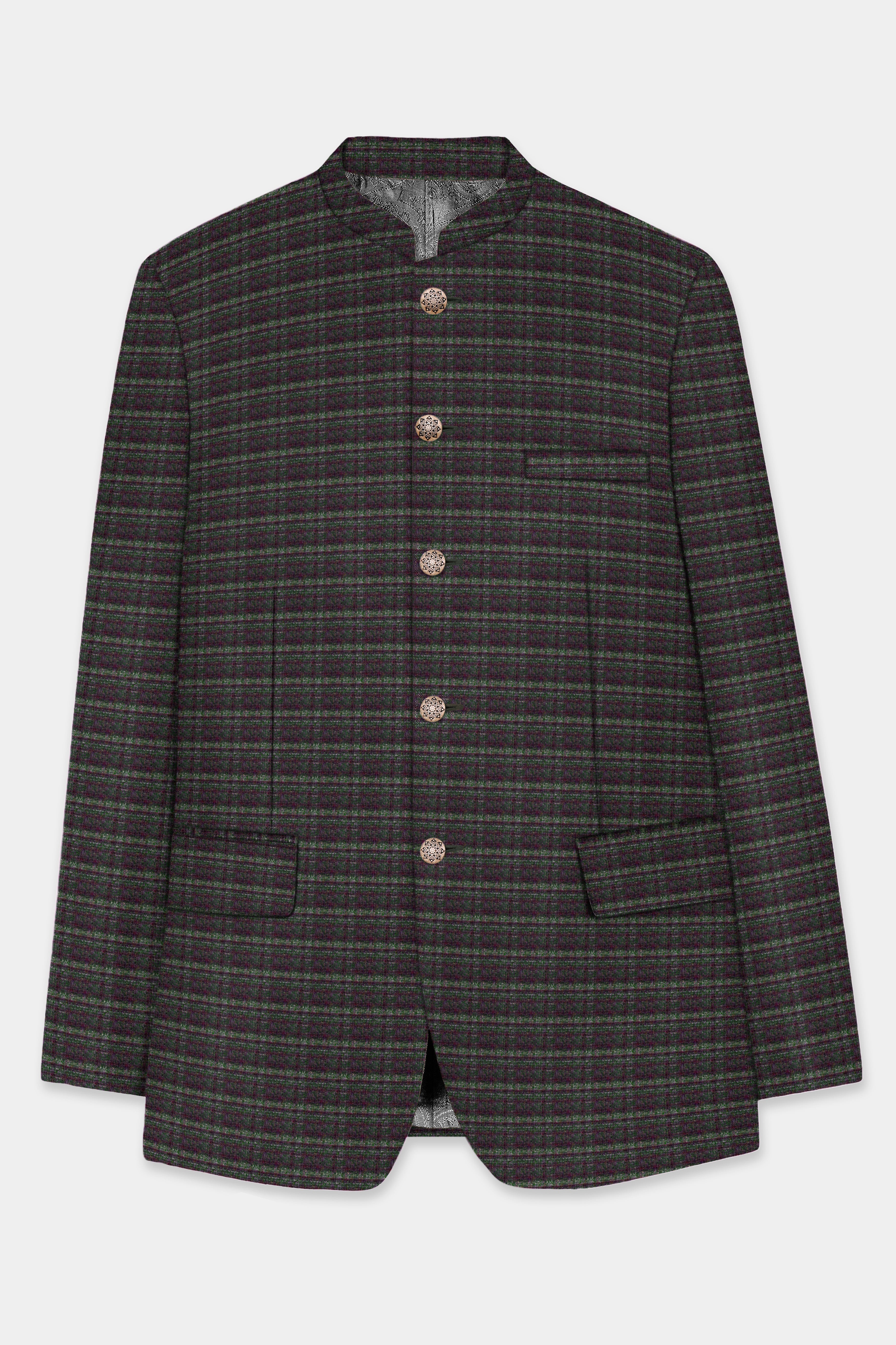 Zeus Brown And Lisbon Green Plaid Wool Rich Bandhgala Blazer