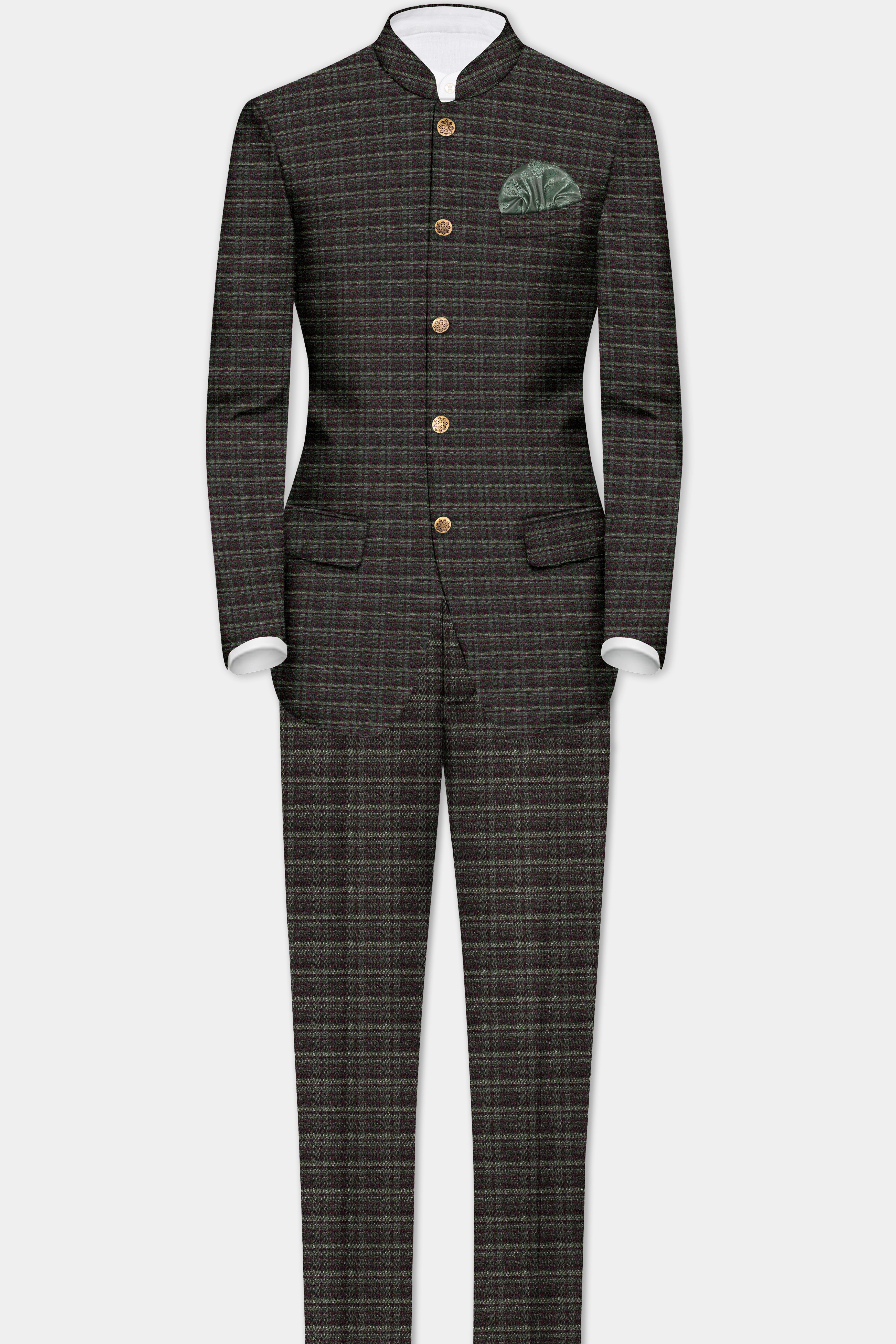 Zeus Brown And Lisbon Green Plaid Wool Rich Bandhgala Blazer