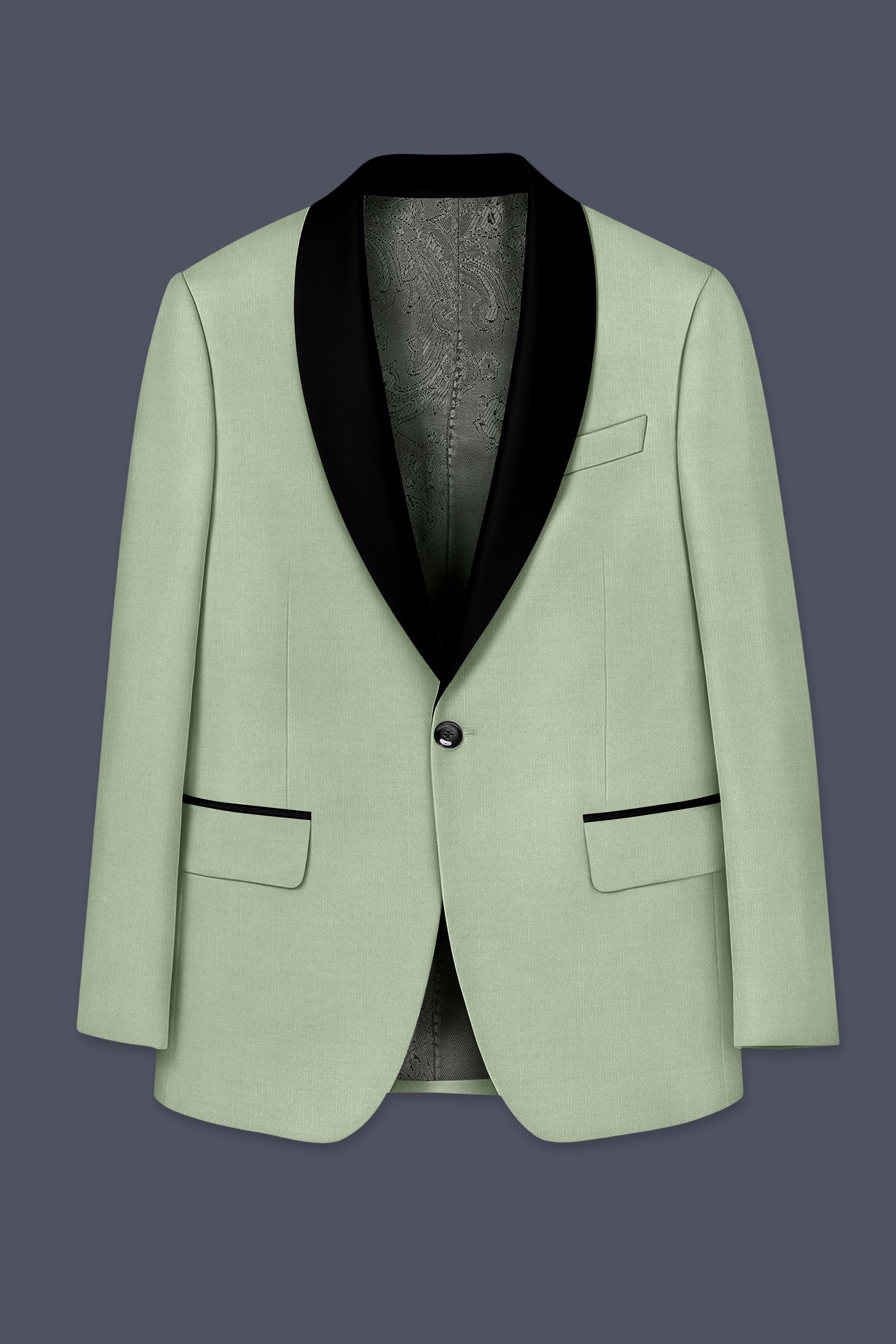 Spanish Green Solid Wool Rich Tuxedo Slight Stretch Blazer