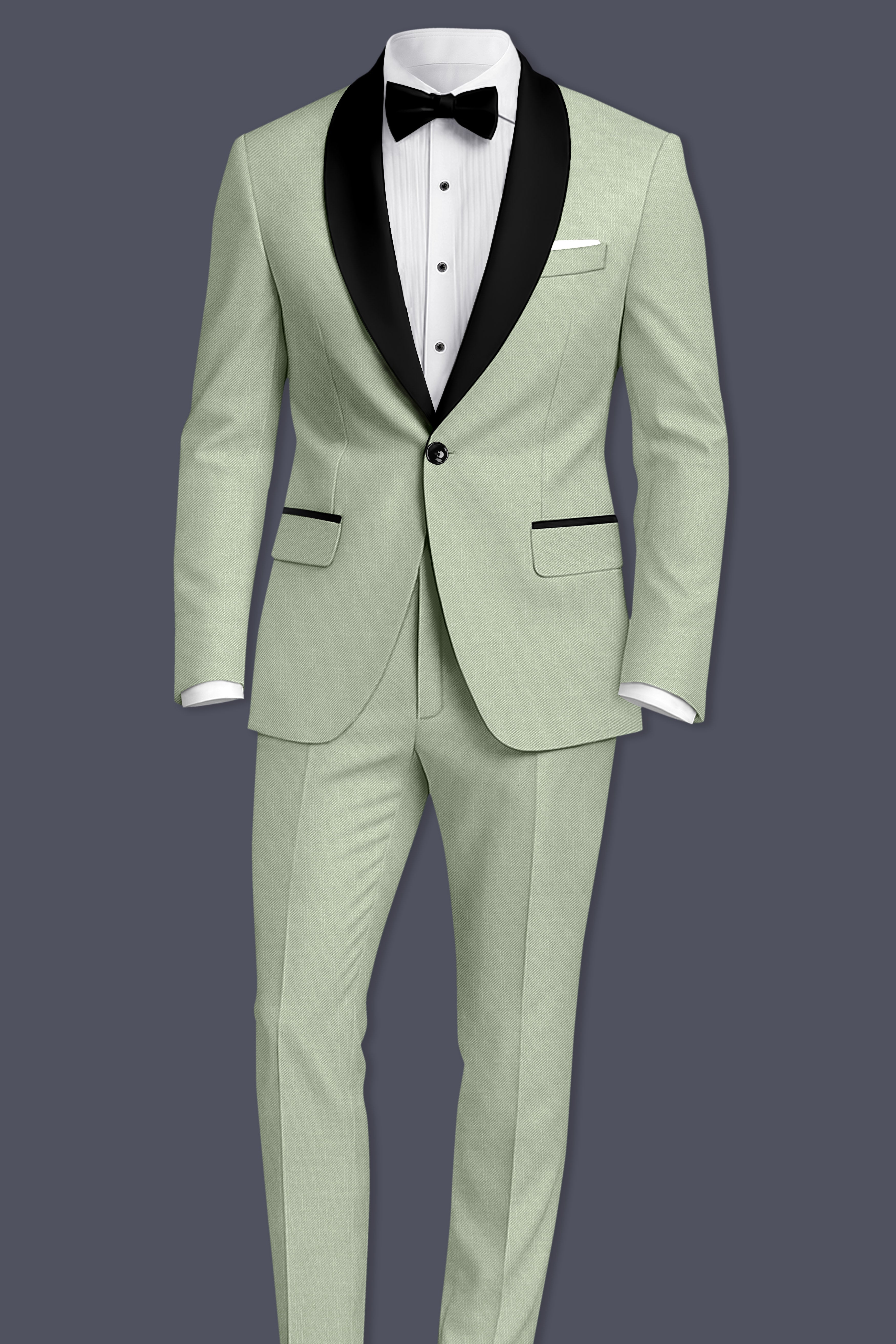 Spanish Green Solid Wool Rich Tuxedo Slight Stretch Blazer