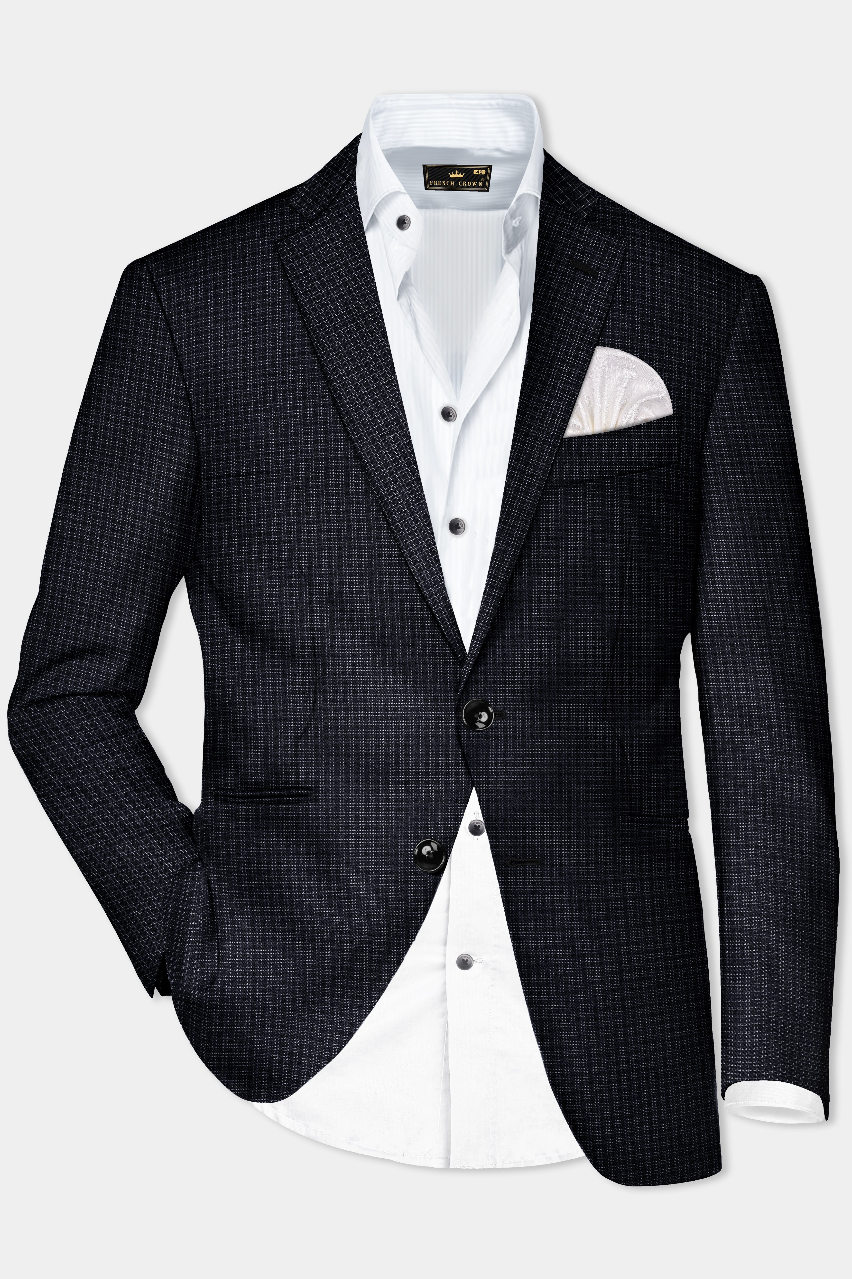 Bunker Black Printed Wool Rich Single Breasted Slim Lapel Blazer