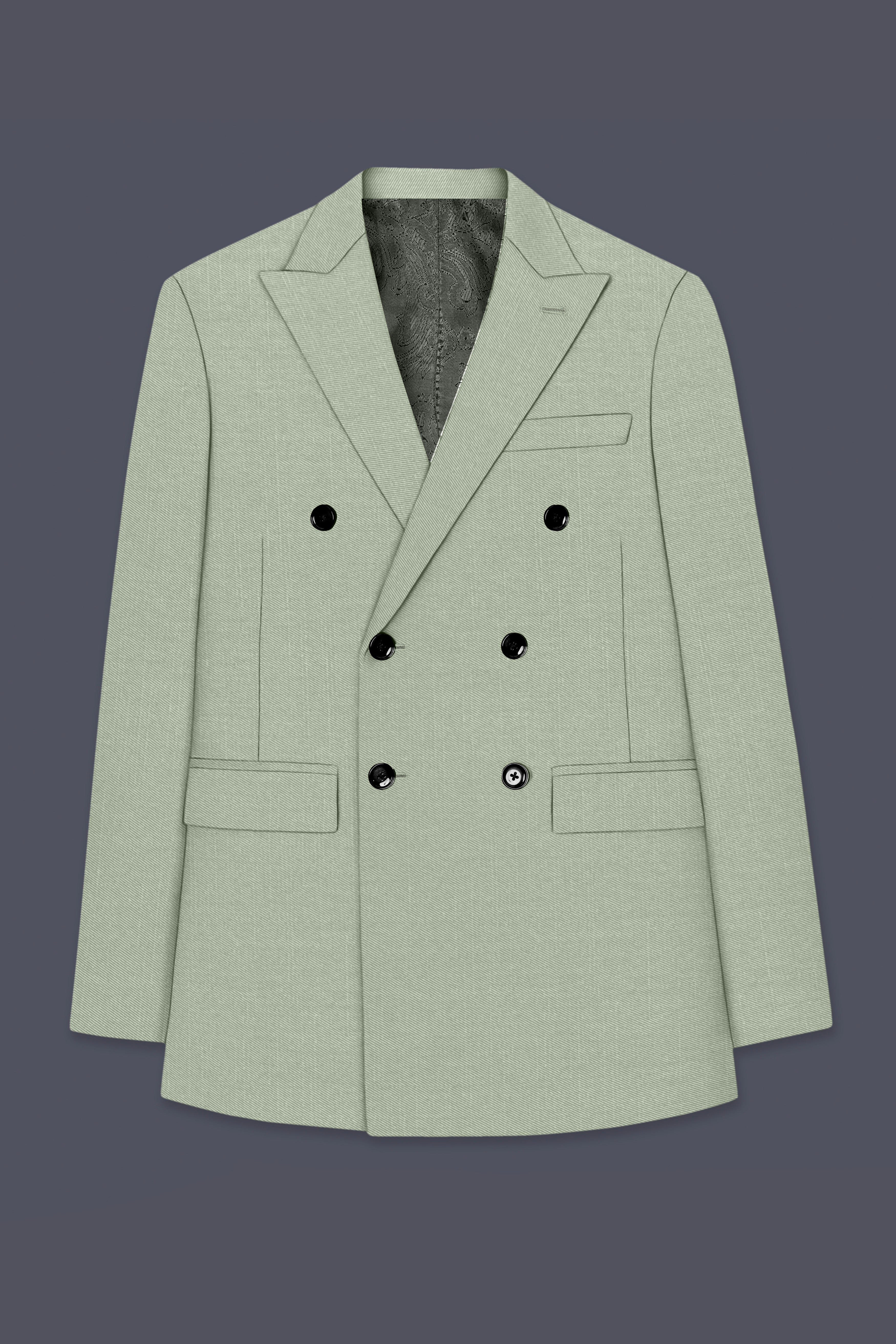 Spanish Green Solid Wool Rich Double Breasted Slight Stretch Blazer
