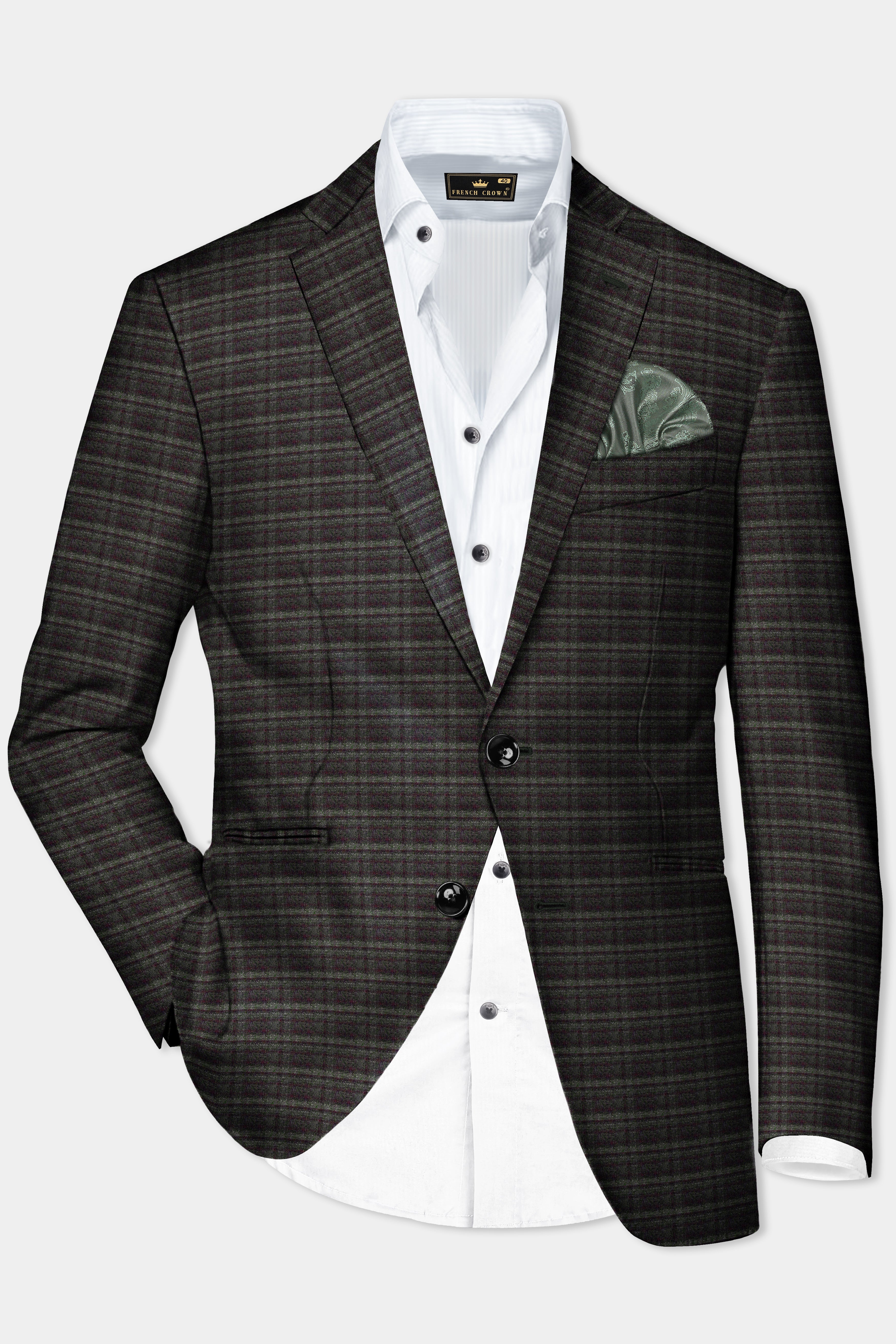 Zeus Gray And Lisbon Green Plaid Wool Rich Single Breasted Slim Lapel Blazer