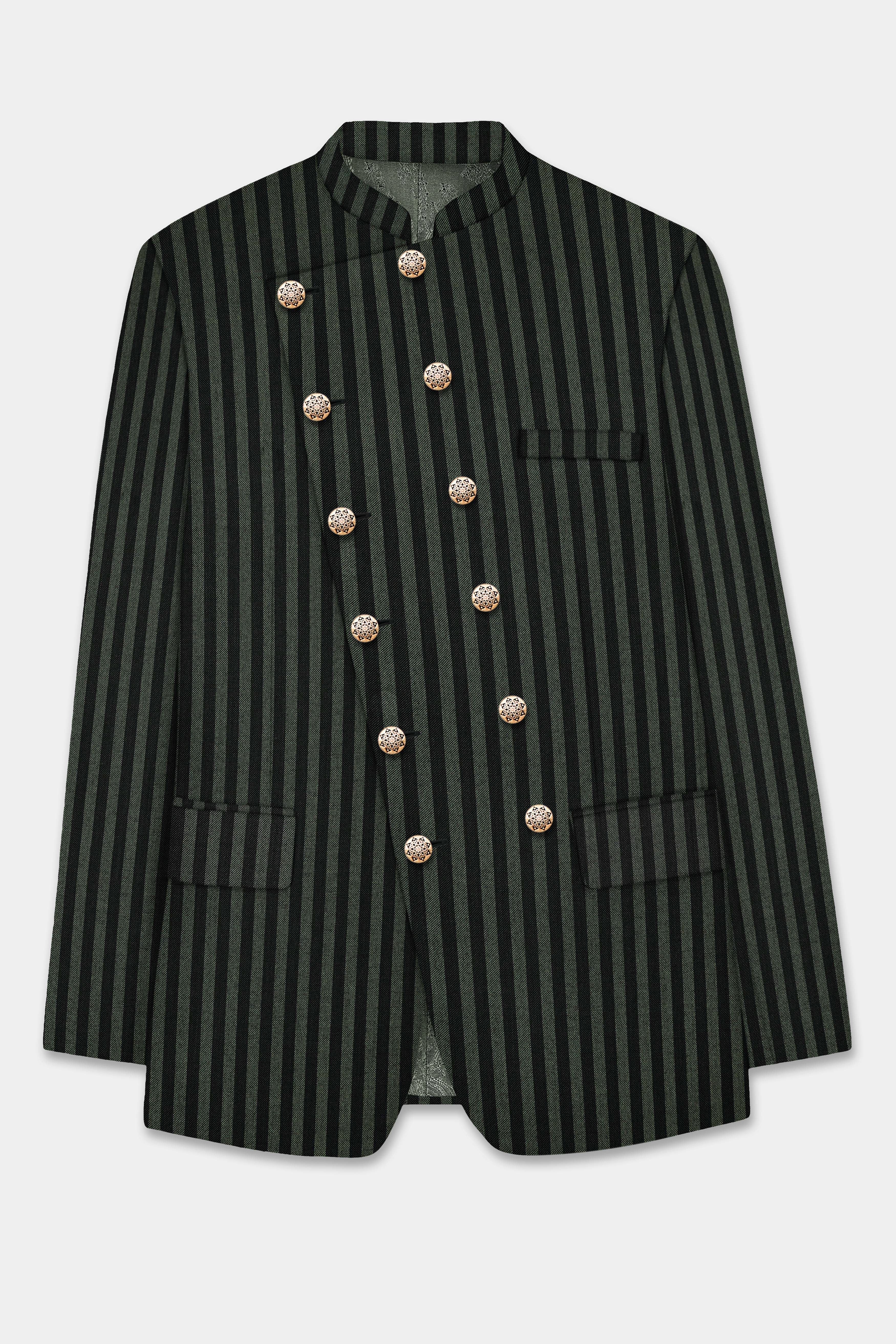 Racing Green And Jade Black Striped Wool Rich Cross Placket Bandhgala Blazer