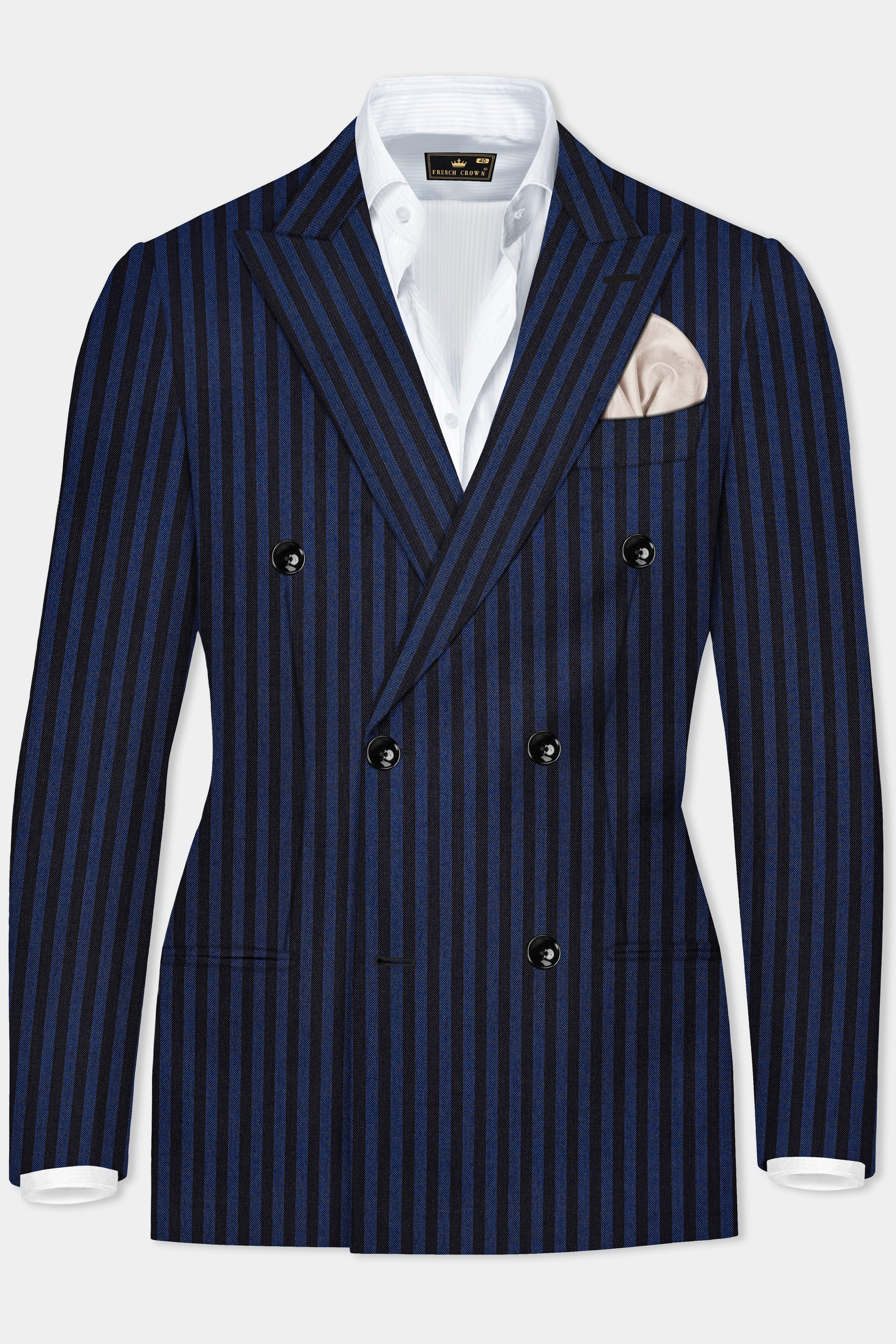 Royal Blue And Jade Black Striped Wool Rich Double Breasted Blazer