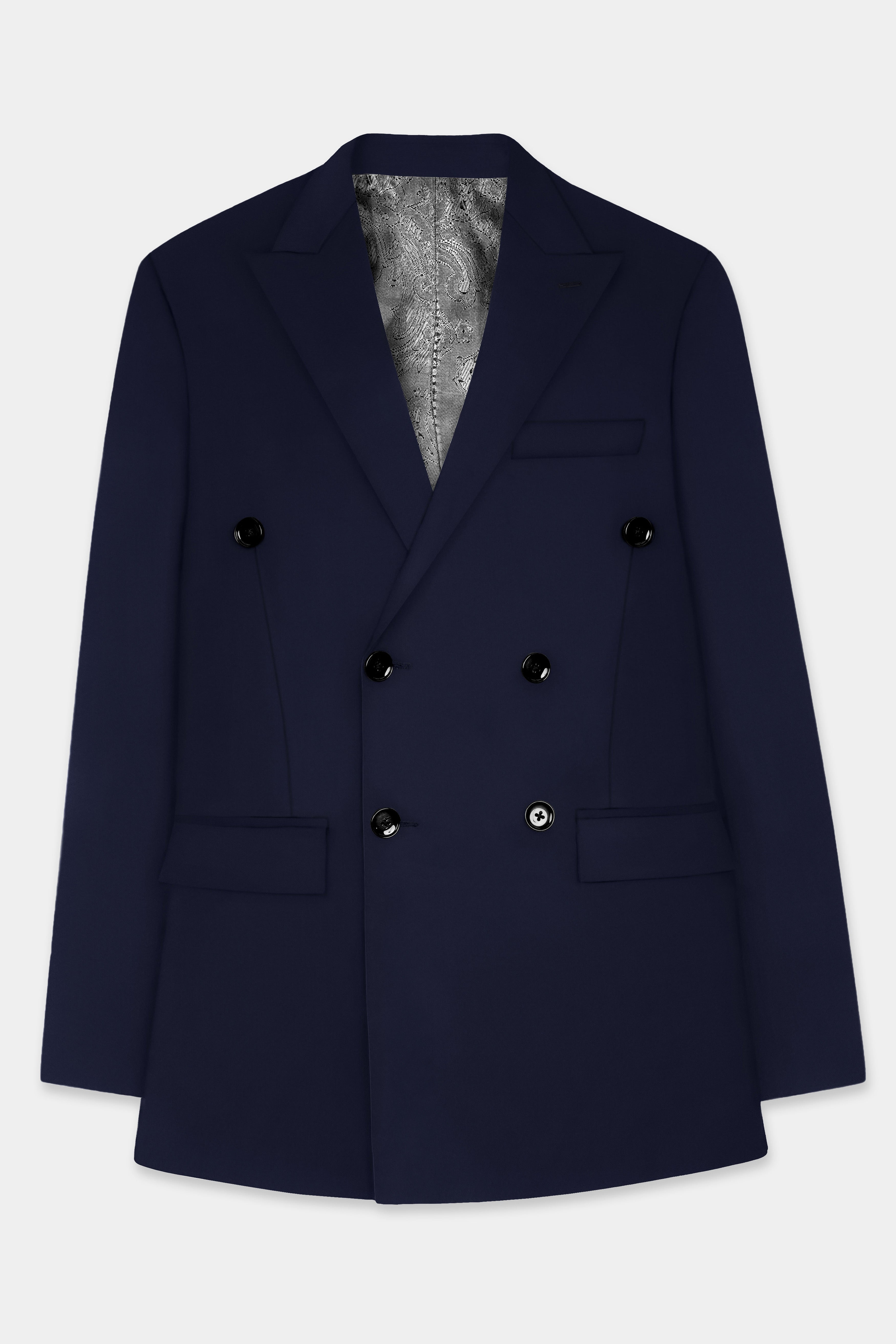 Ribbon Blue Solid Wool Rich Double Breasted Blazer