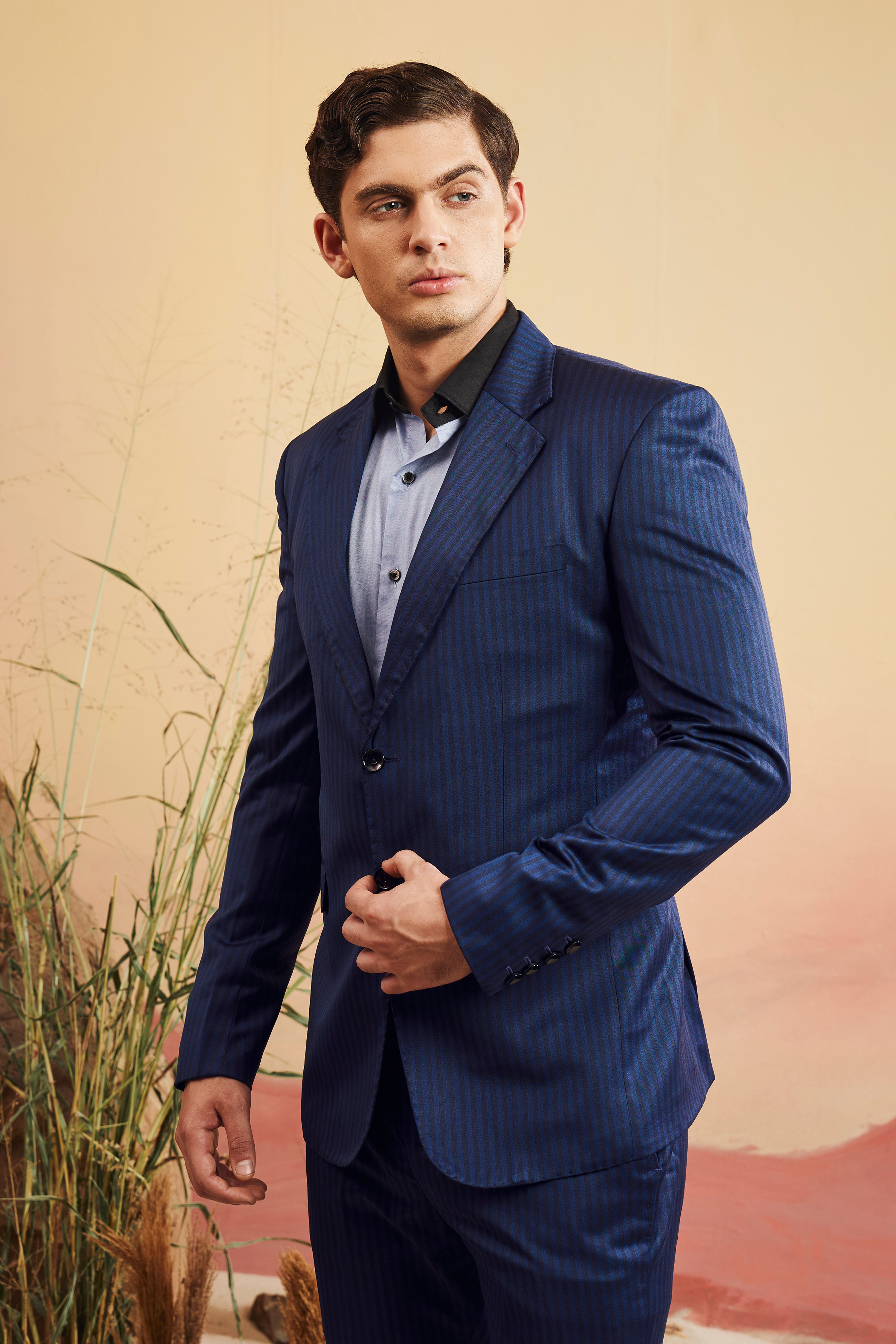 Biscay Blue And Jade Black Striped Wool Rich Single Breasted Blazer