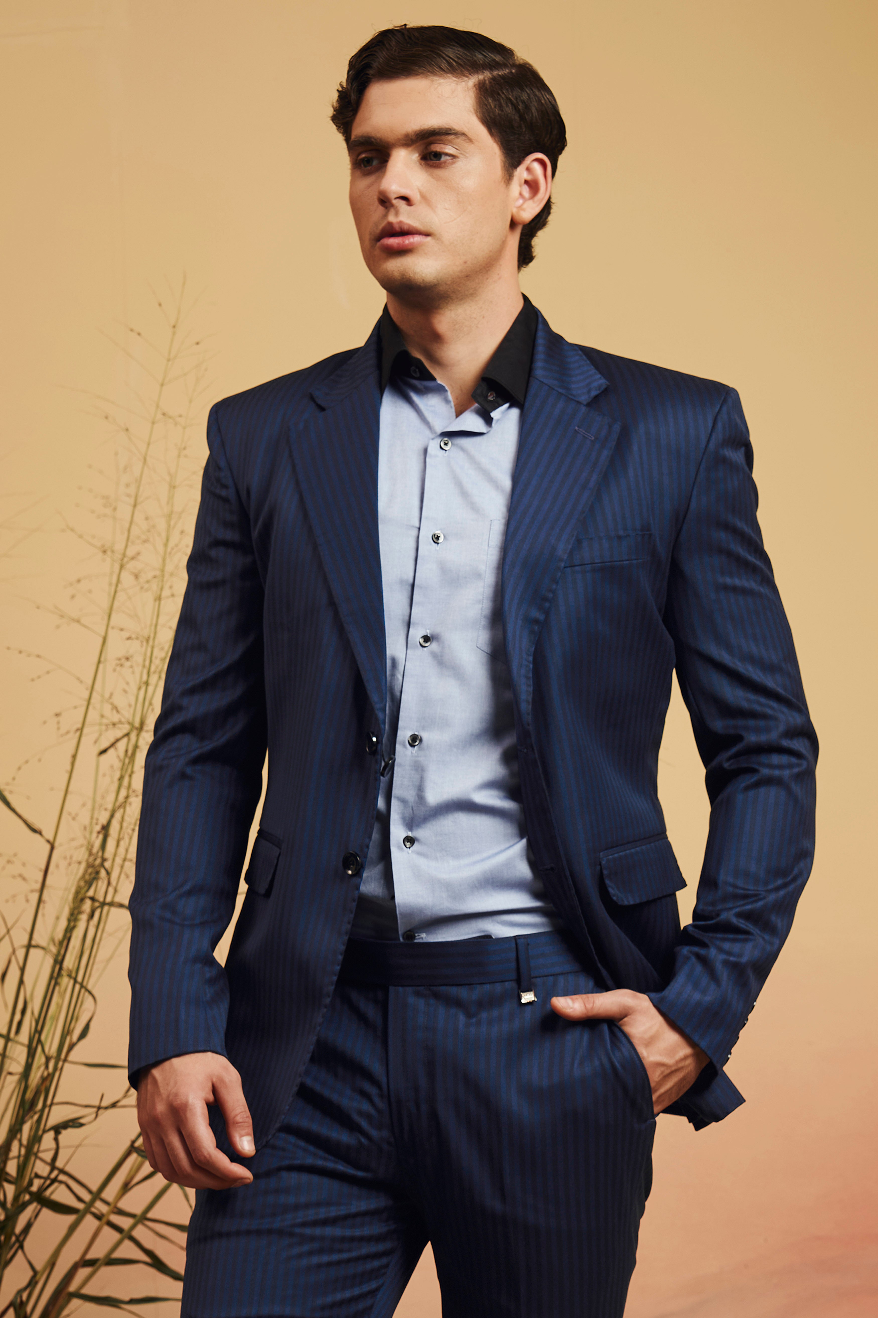 Biscay Blue And Jade Black Striped Wool Rich Single Breasted Blazer