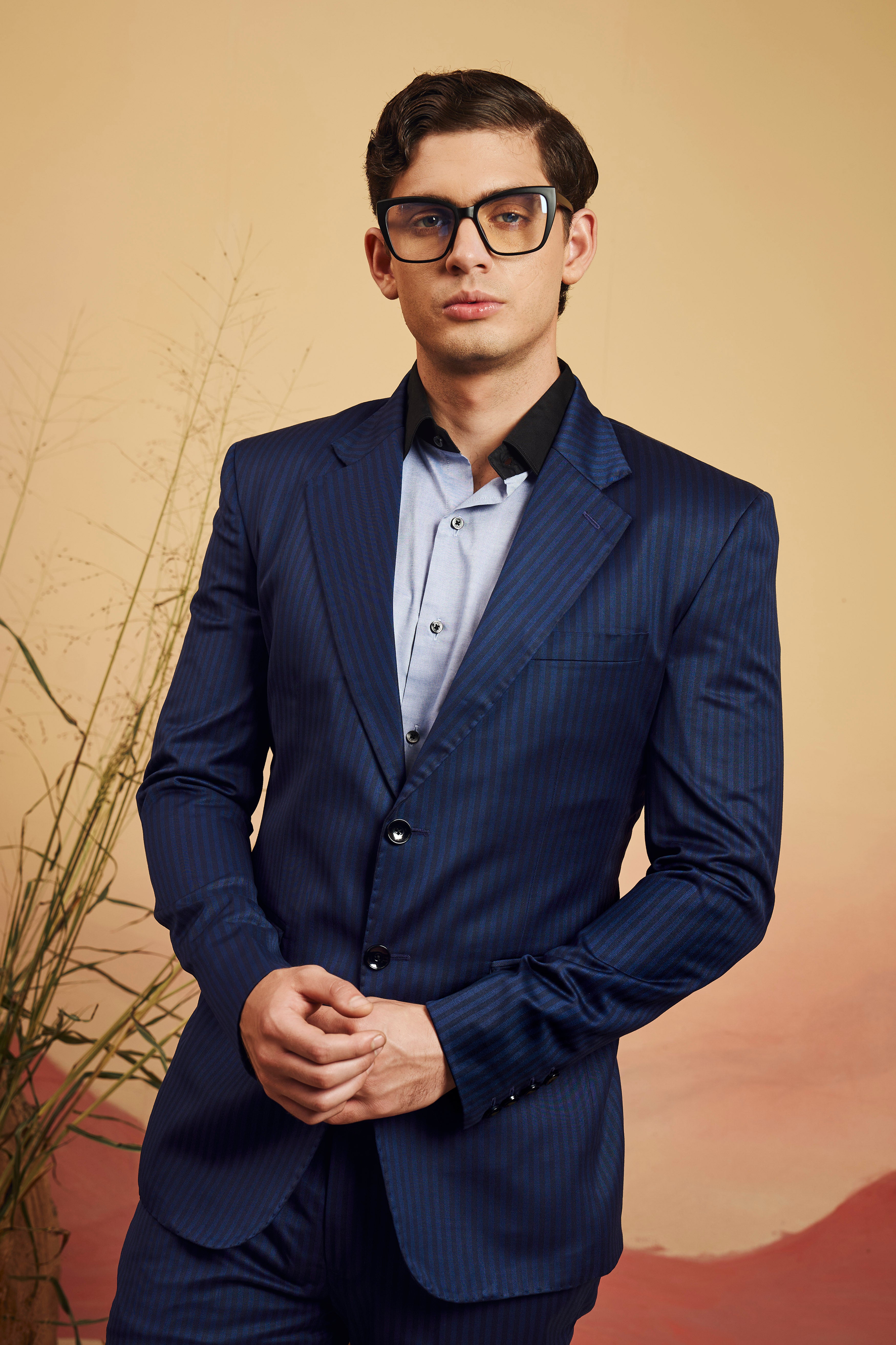 Biscay Blue And Jade Black Striped Wool Rich Single Breasted Blazer