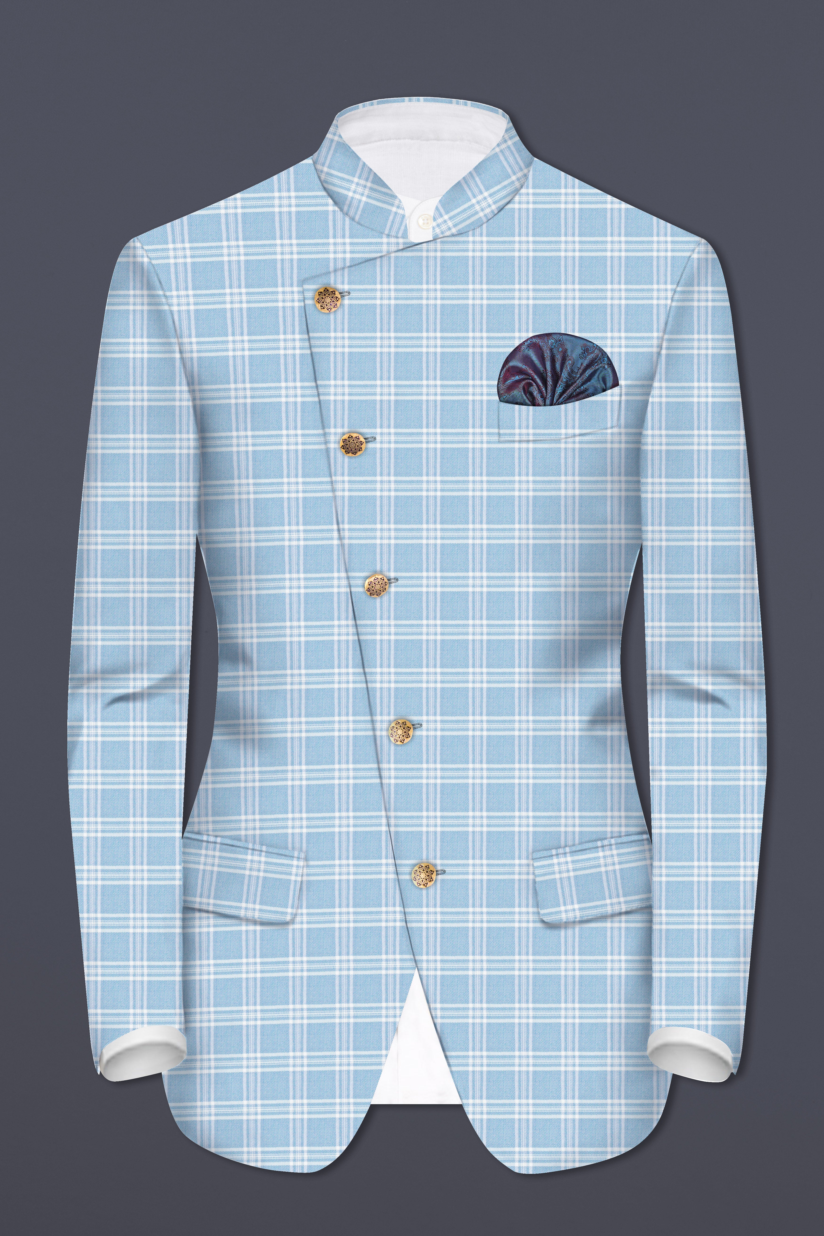 Ziggurat Blue And Bright White Plaid Wool Rich Cross Placket Bandhgala Blazer