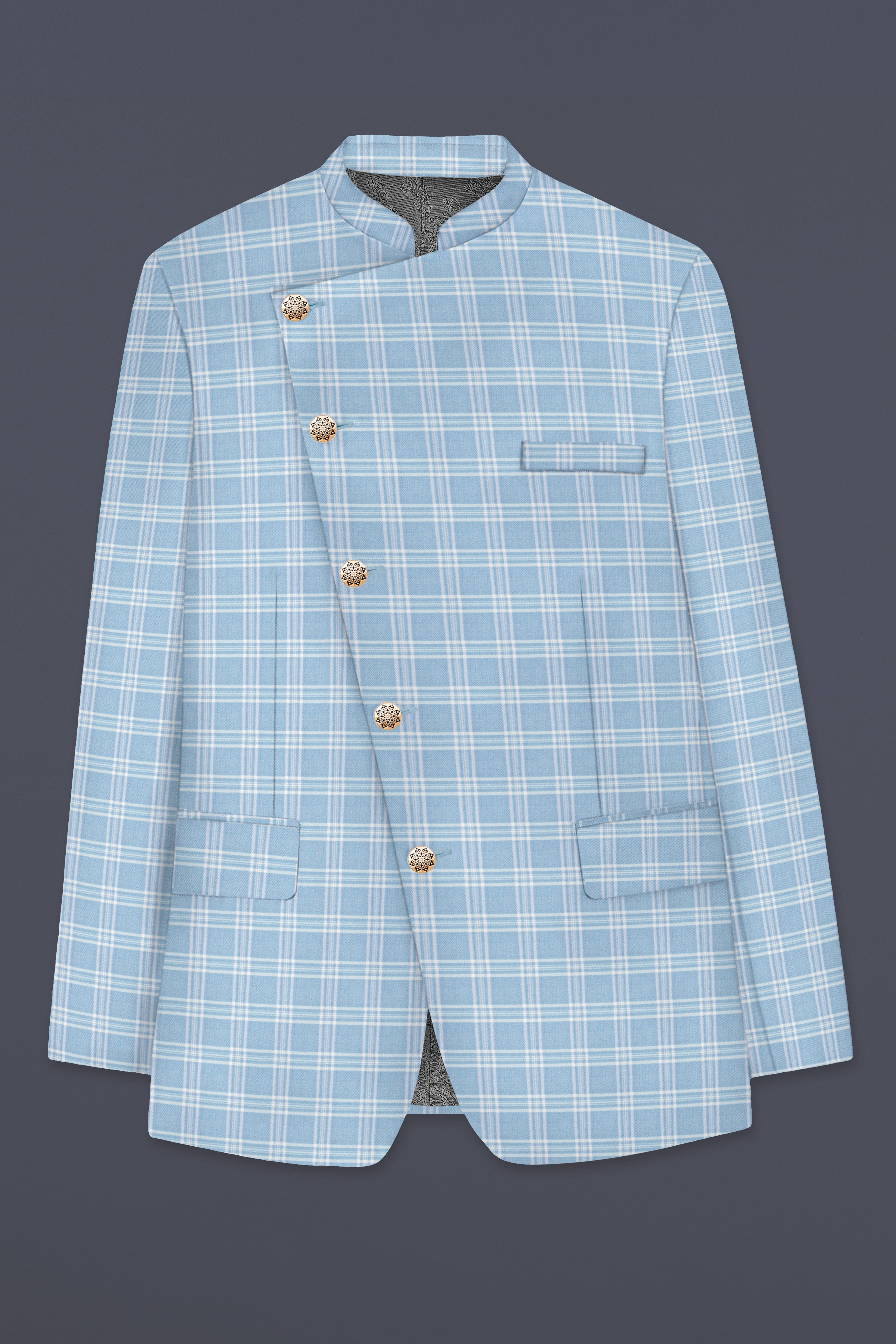 Ziggurat Blue And Bright White Plaid Wool Rich Cross Placket Bandhgala Blazer