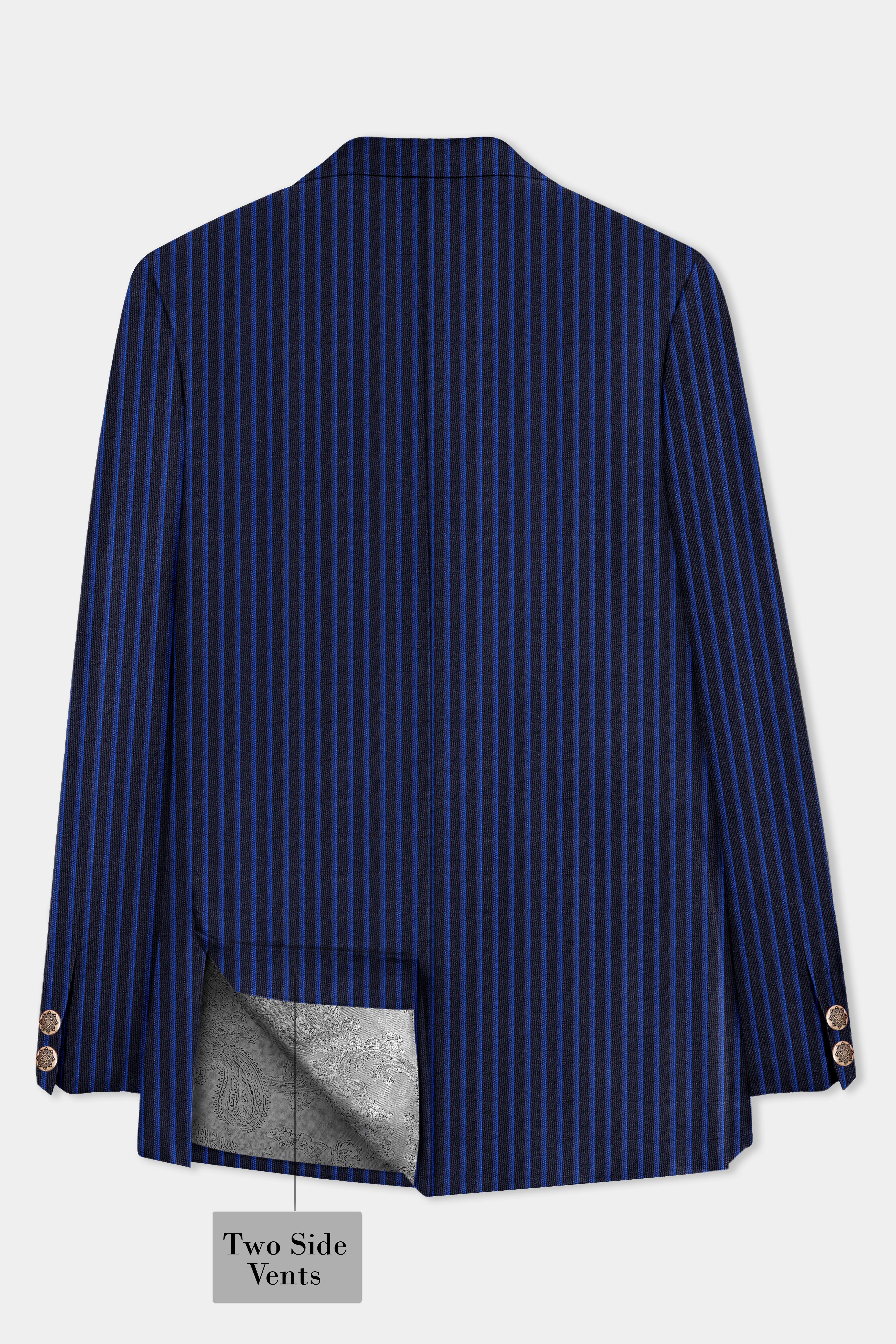 Sapphire Blue And Jade Blue Striped Wool Rich Cross Placket Bandhgala Blazer