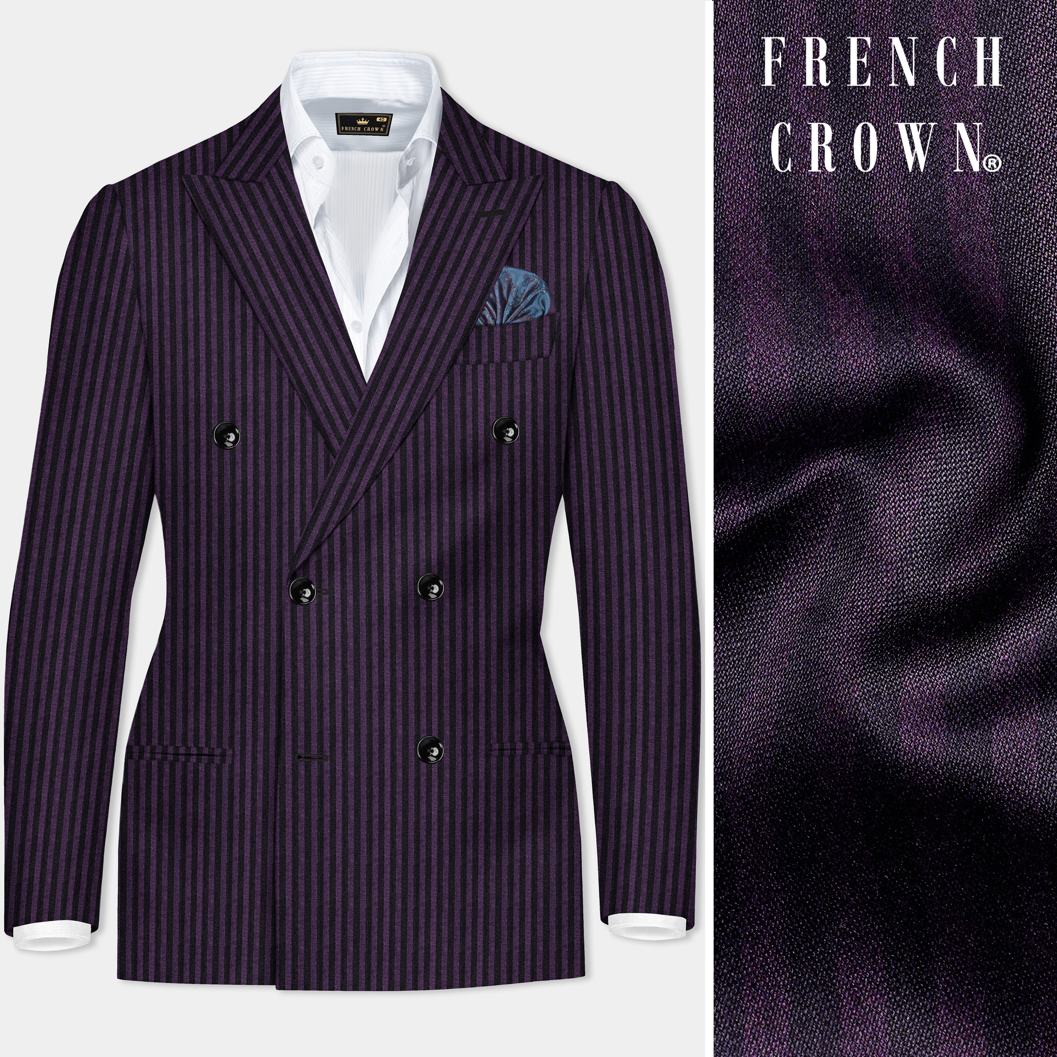 Byzantium Purple And Jade Black Stripes Premium Wool Blend Double