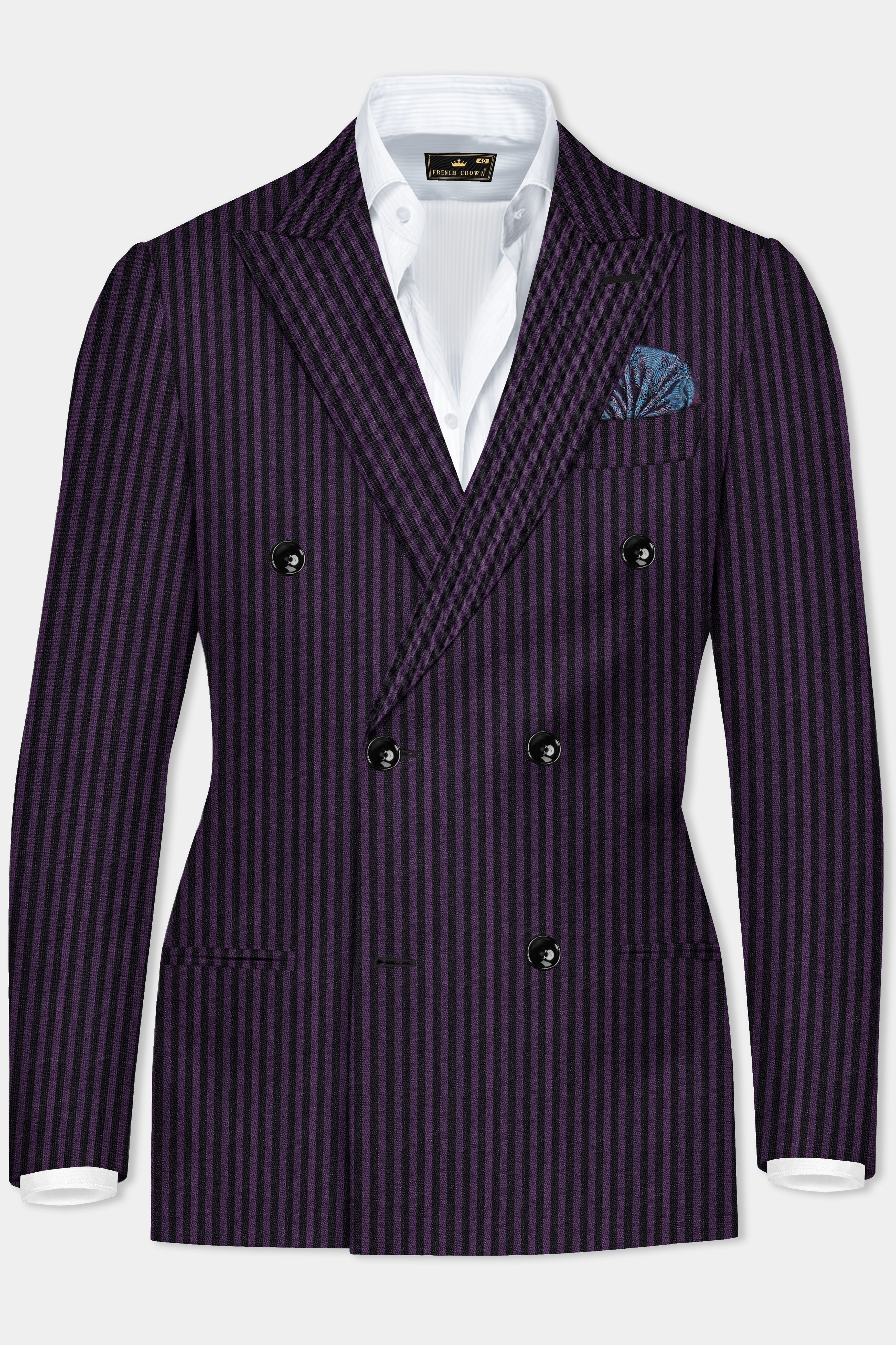 Byzantium Purple And Jade Black Striped Wool Rich Double Breasted Blazer