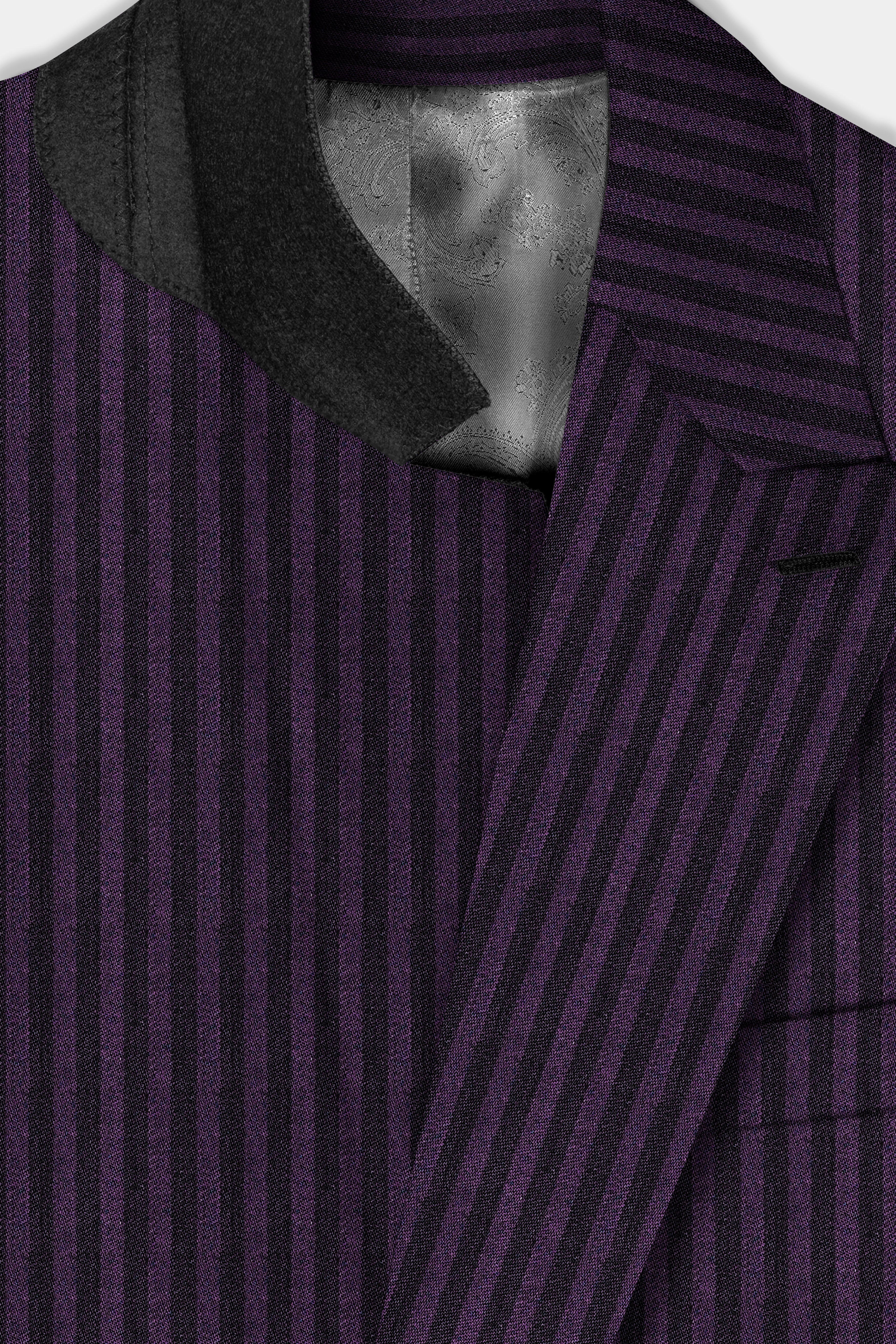 Byzantium Purple And Jade Black Striped Wool Rich Double Breasted Blazer