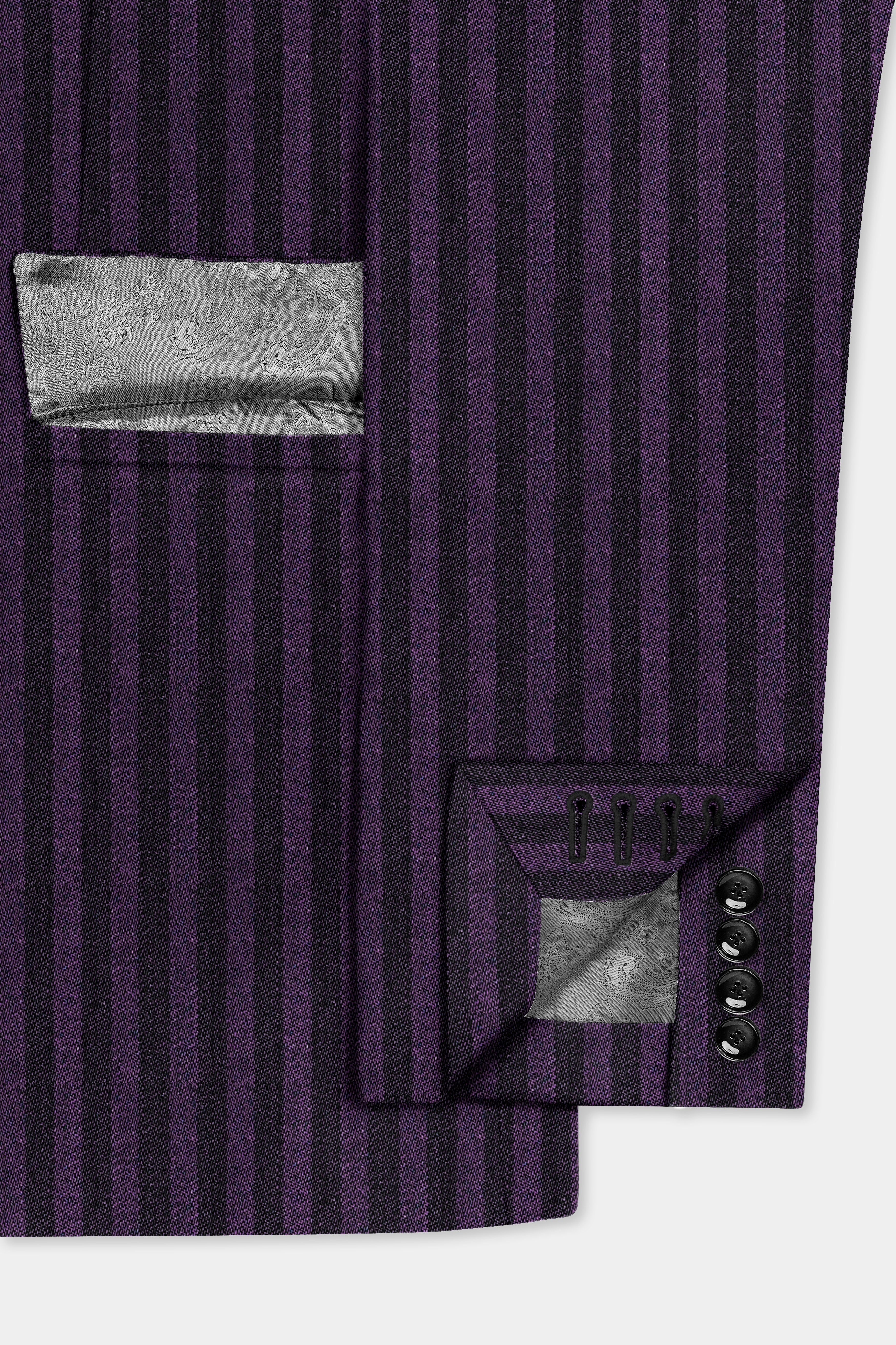 Byzantium Purple And Jade Black Striped Wool Rich Double Breasted Blazer