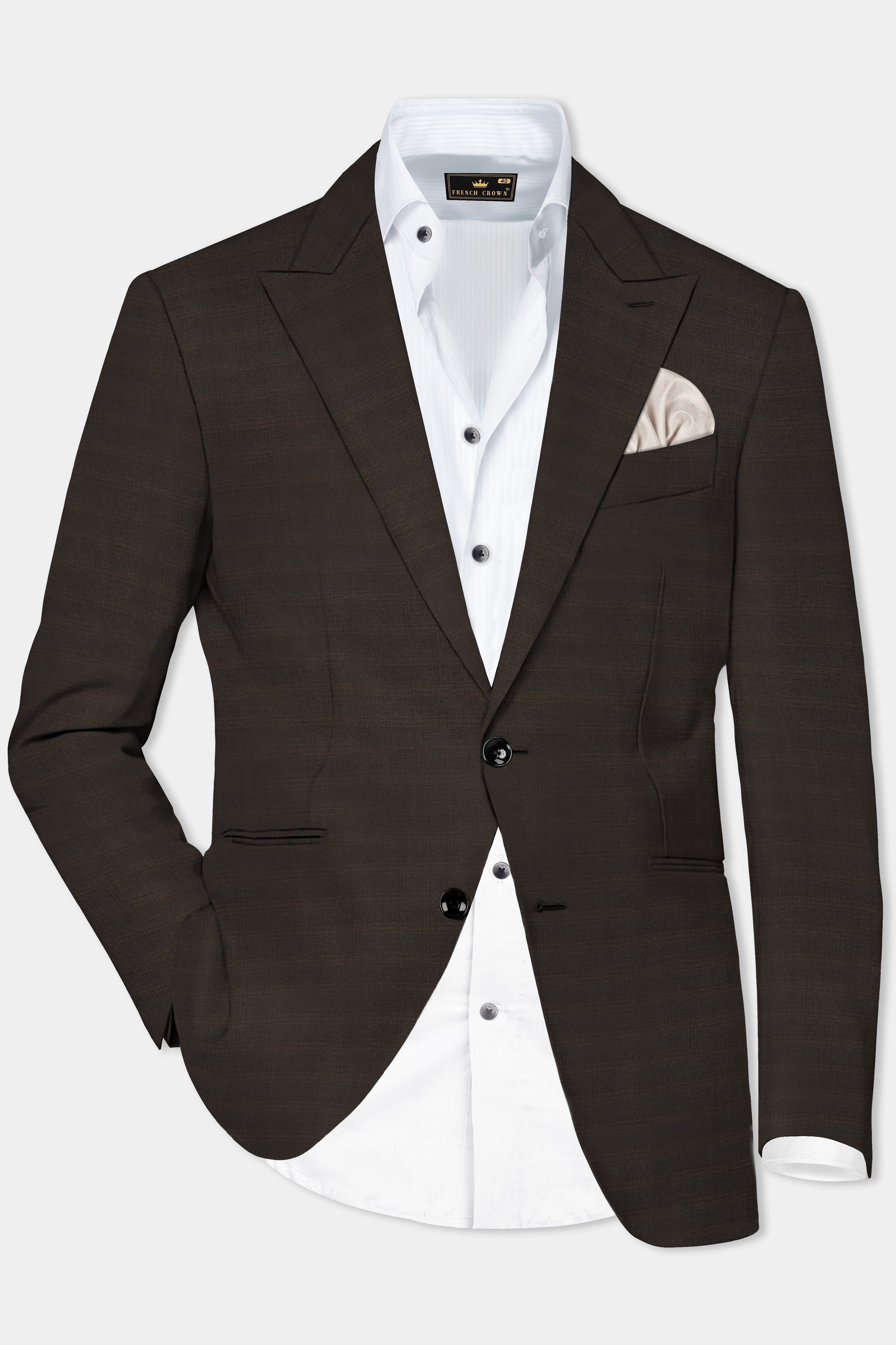 Piano Brown Textured Wool Rich Single Breasted Peak lapel Blazer