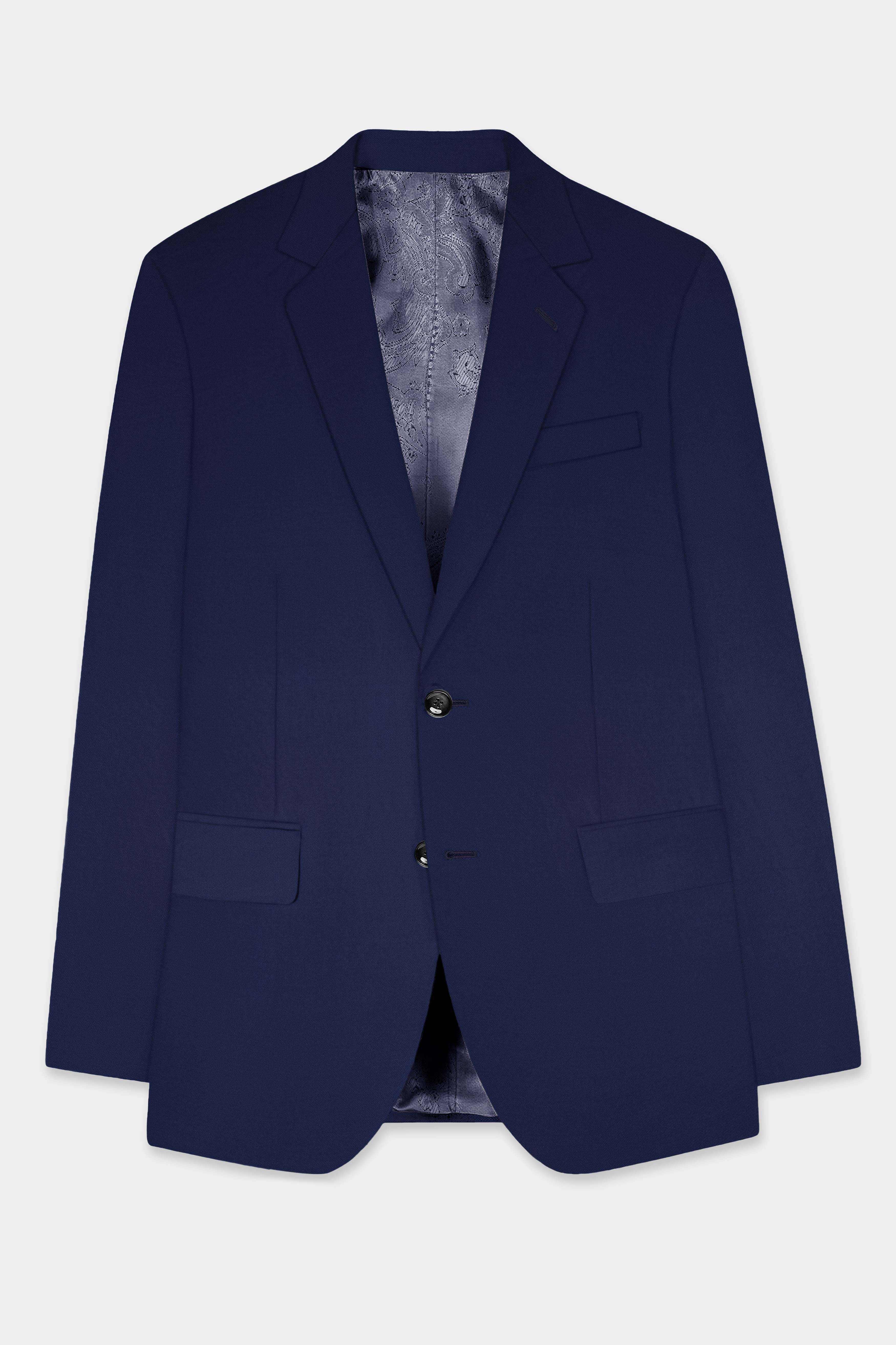 Jaguar Blue Textured Wool Rich Single Breasted Slim Lapel Blazer