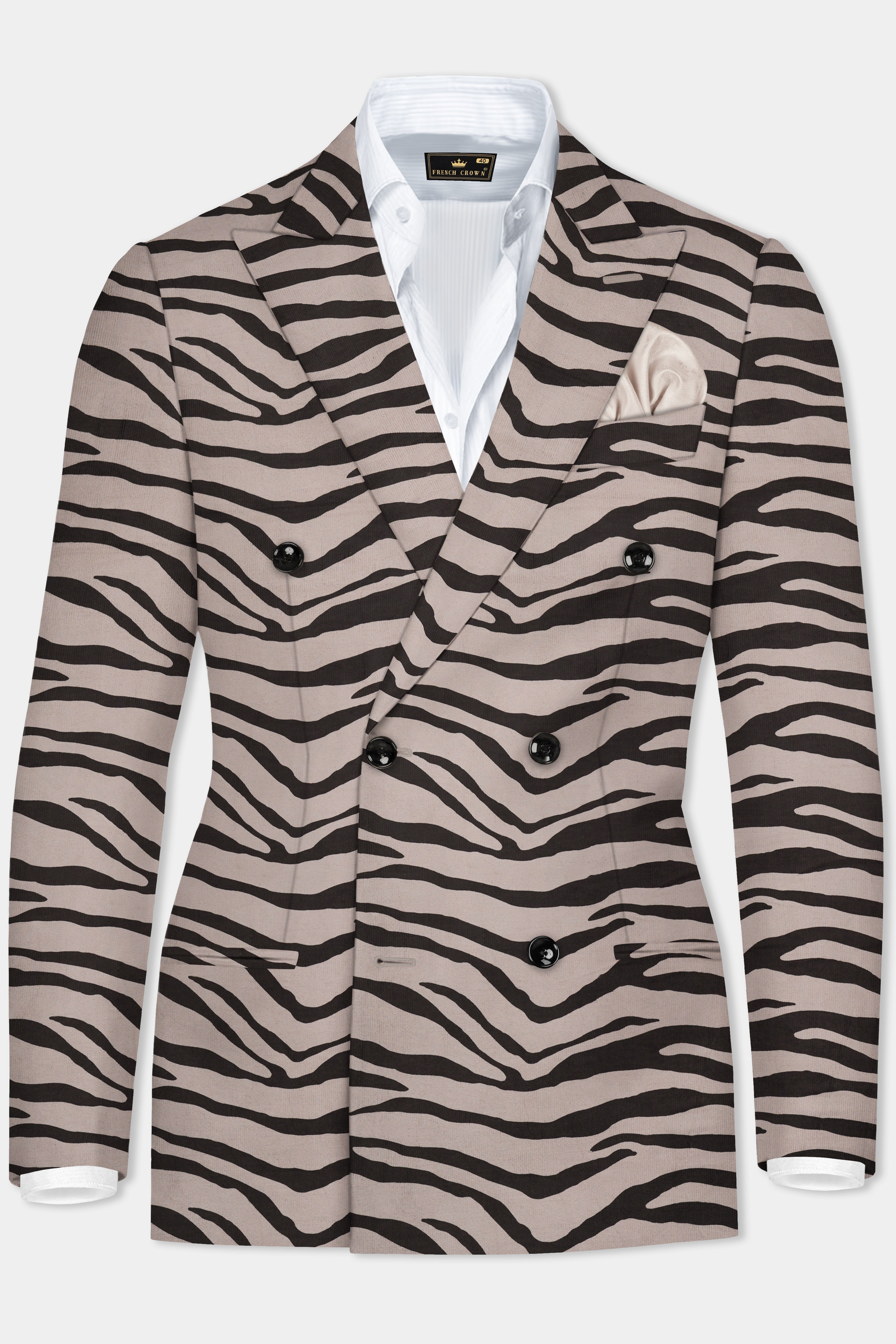 Silk Cream And Zeus Brown Animal Printed Corduroy Cotton Double Breasted Blazer