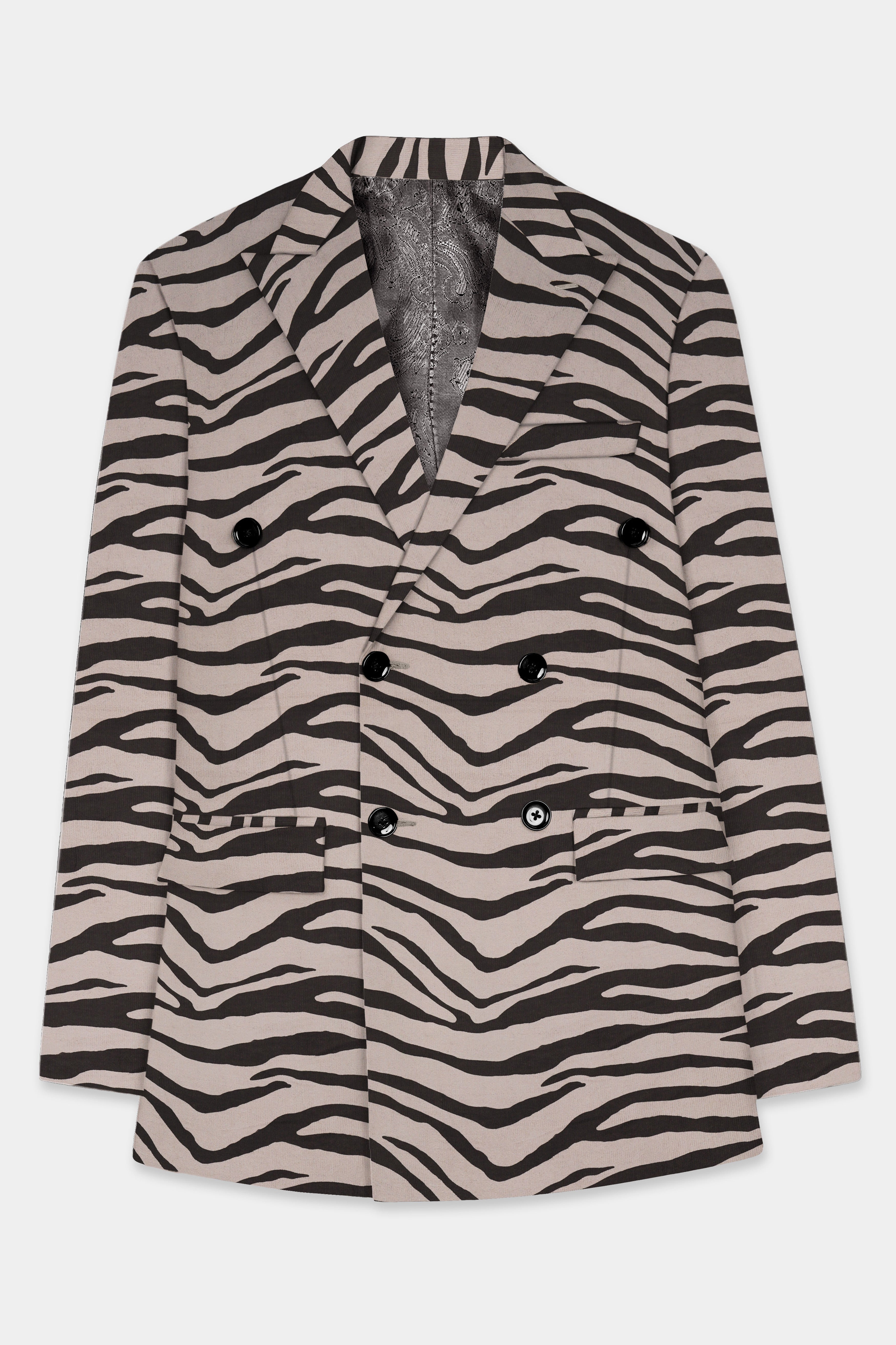 Silk Cream And Zeus Brown Animal Printed Corduroy Cotton Double Breasted Blazer