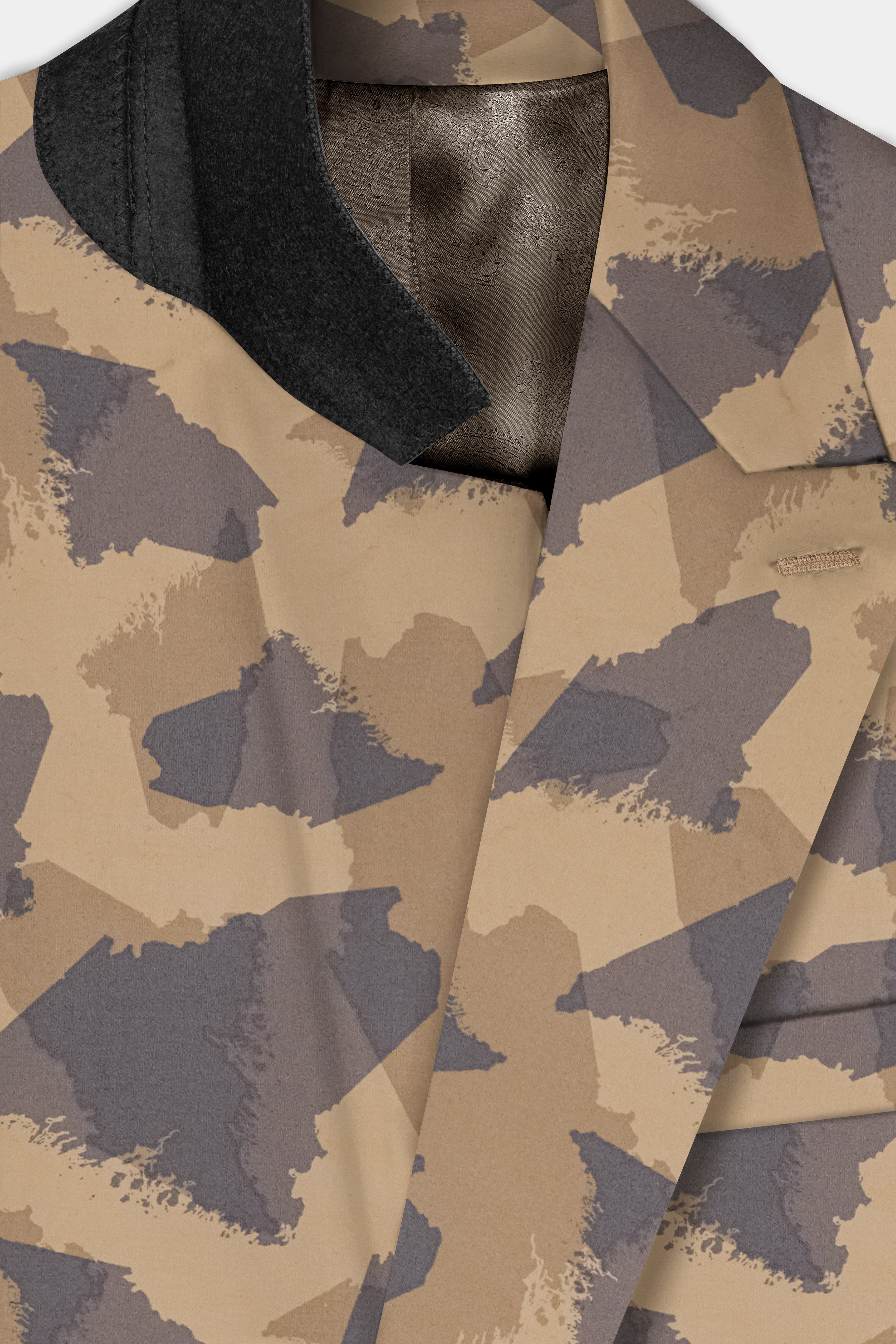 Mongoose Cream And Scorpion Brown Camouflage Printed Cotton Double Breasted Slim Lapel Blazer