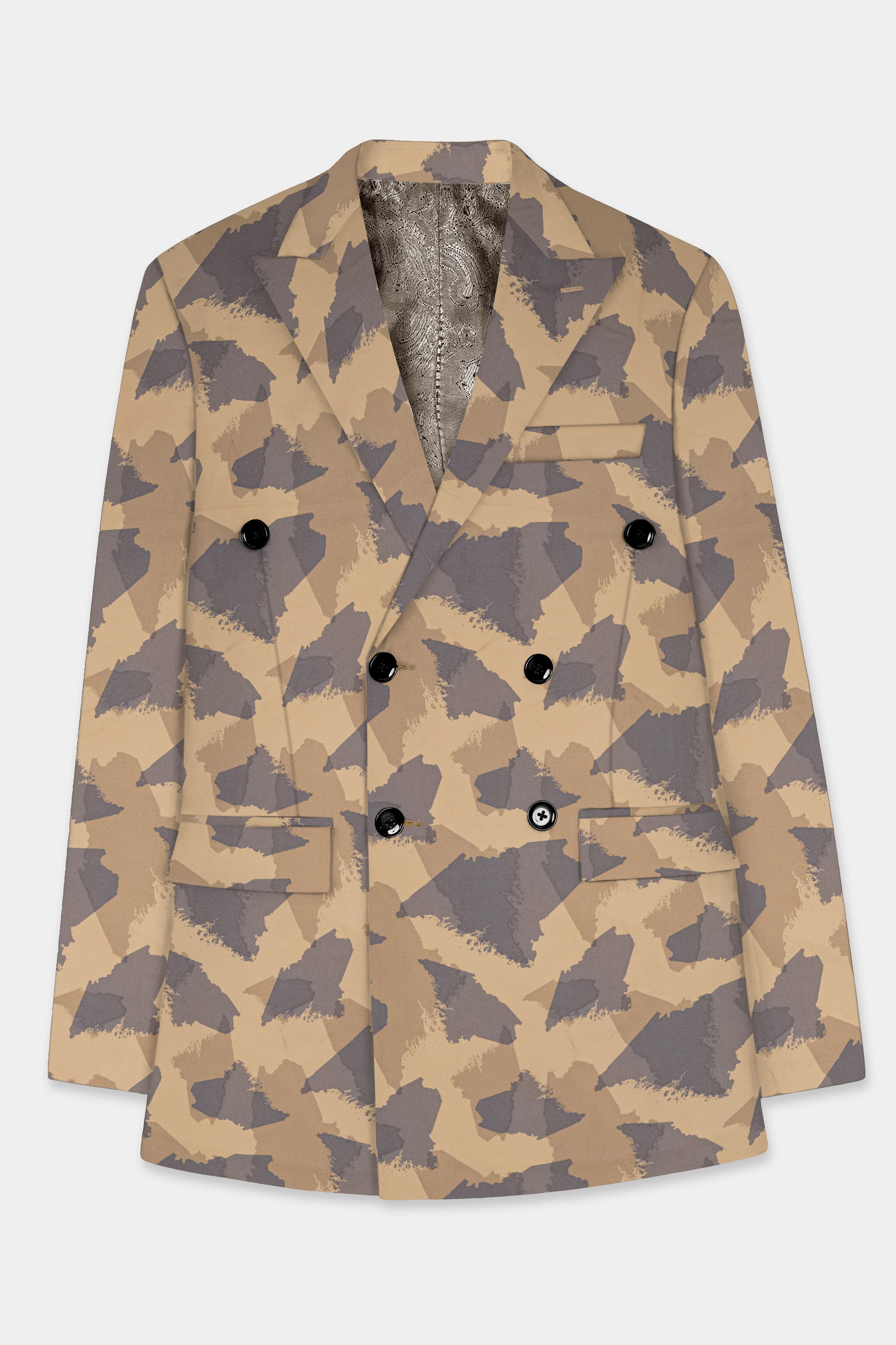 Mongoose Cream And Scorpion Brown Camouflage Printed Cotton Double Breasted Slim Lapel Blazer