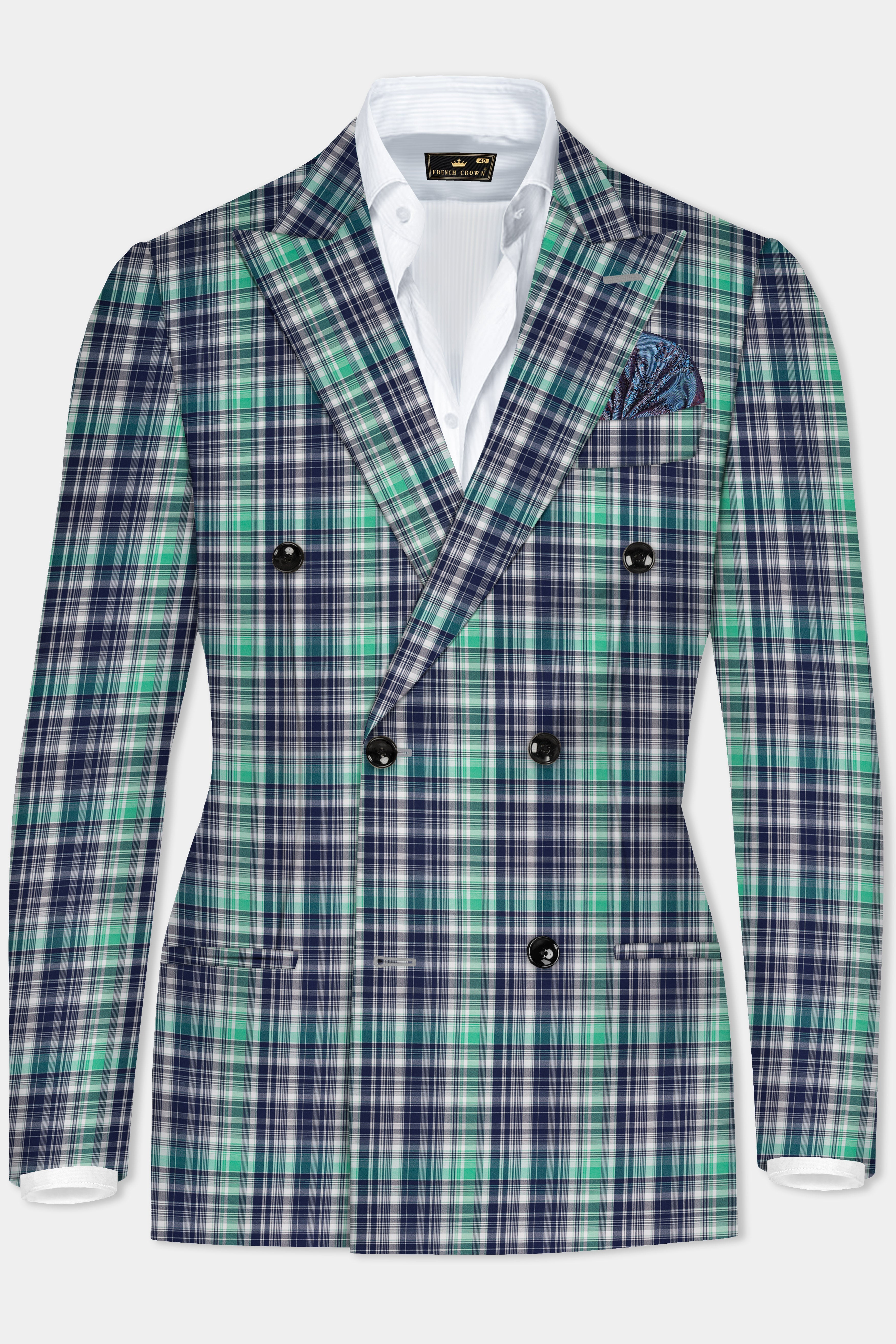 Lochinvar Green And Royal Blue Printed Cotton Double Breasted Blazer