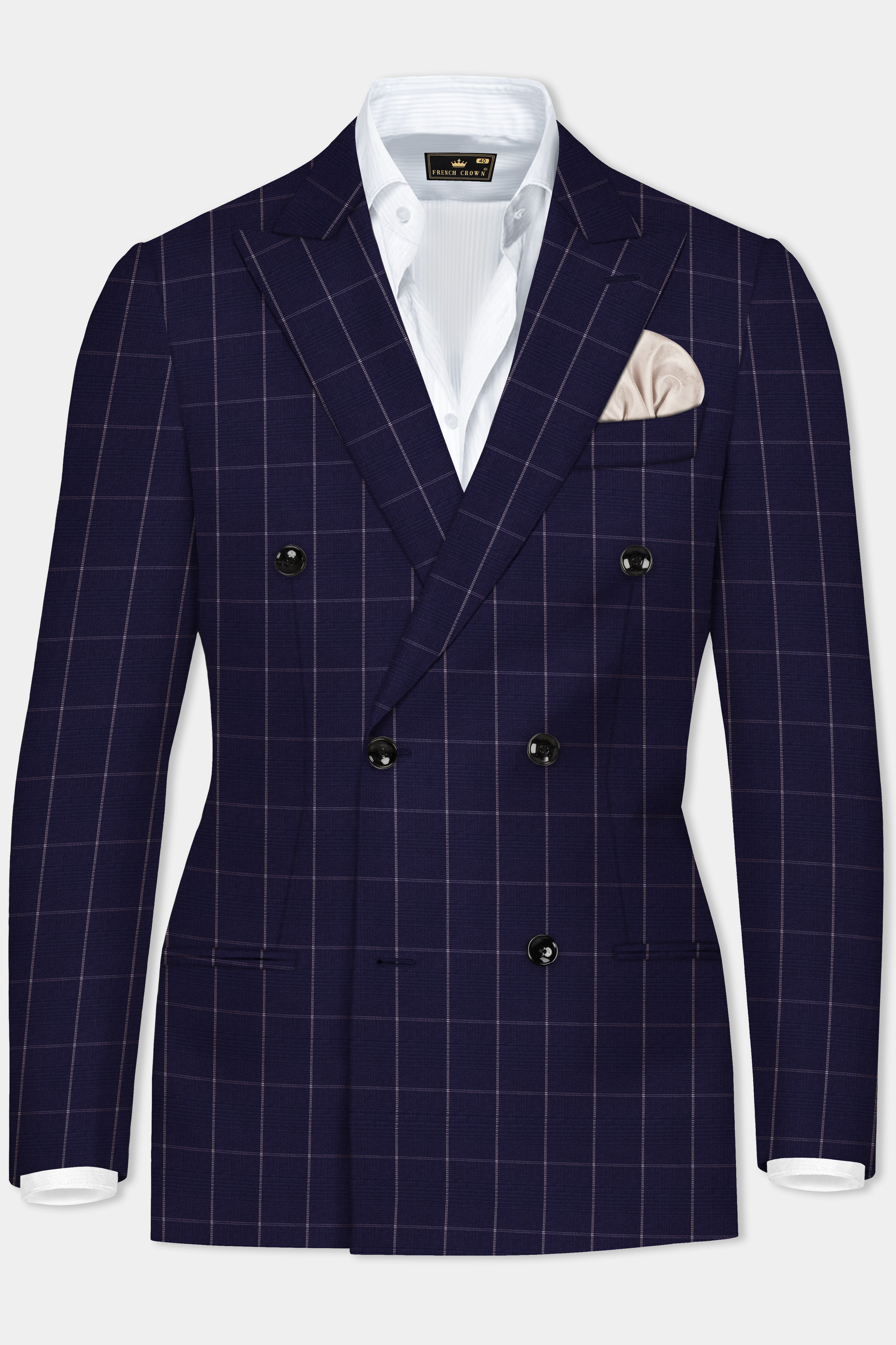 Admiral Blue Windowpane Wool Rich Double Breasted Blazer