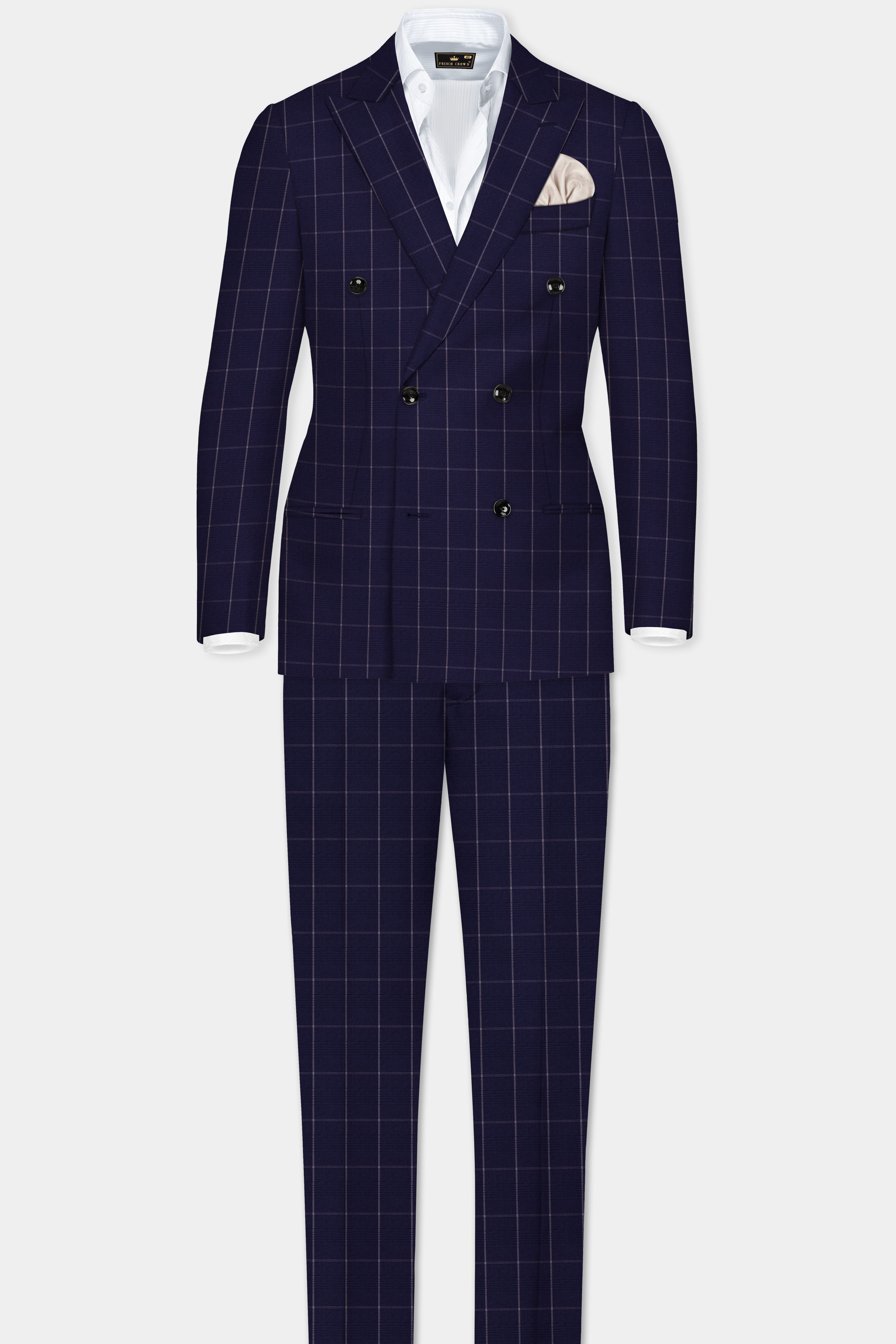 Admiral Blue Windowpane Wool Rich Double Breasted Blazer