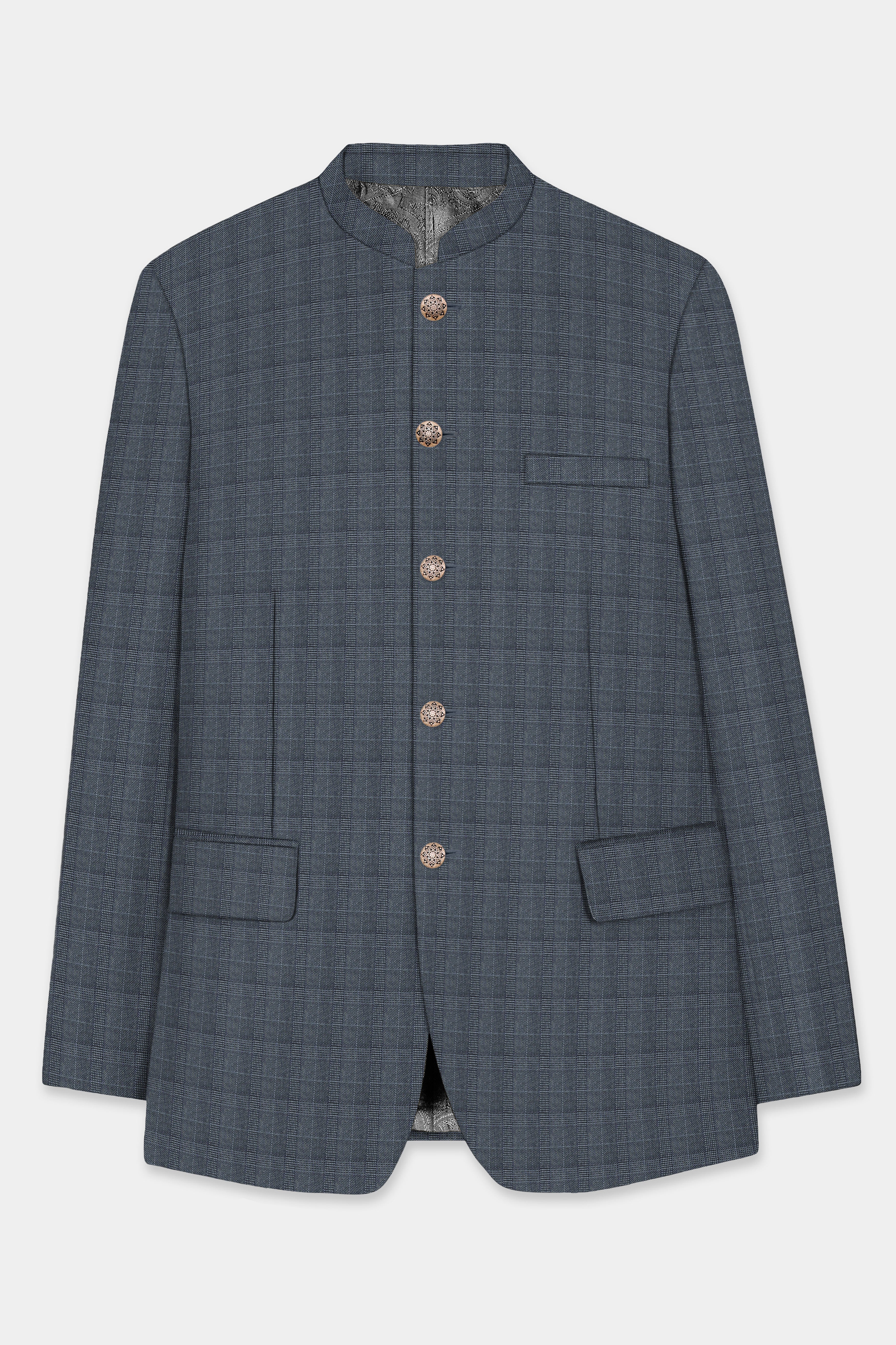 Trout Gray Windowpane Wool Rich Bandhgala Blazer