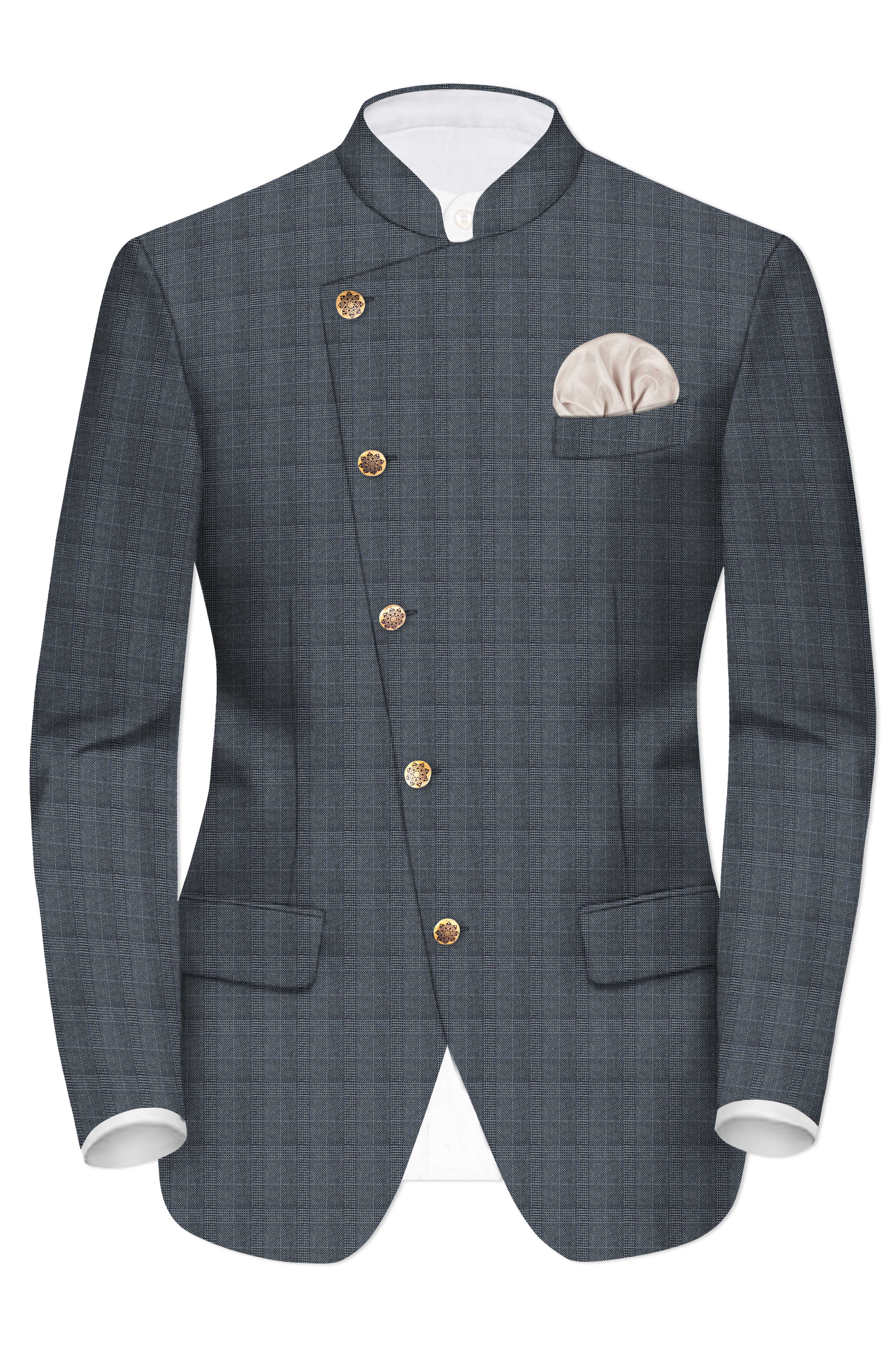 Trout Gray Windowpane Wool Rich Cross Placket Bandhgala Blazer