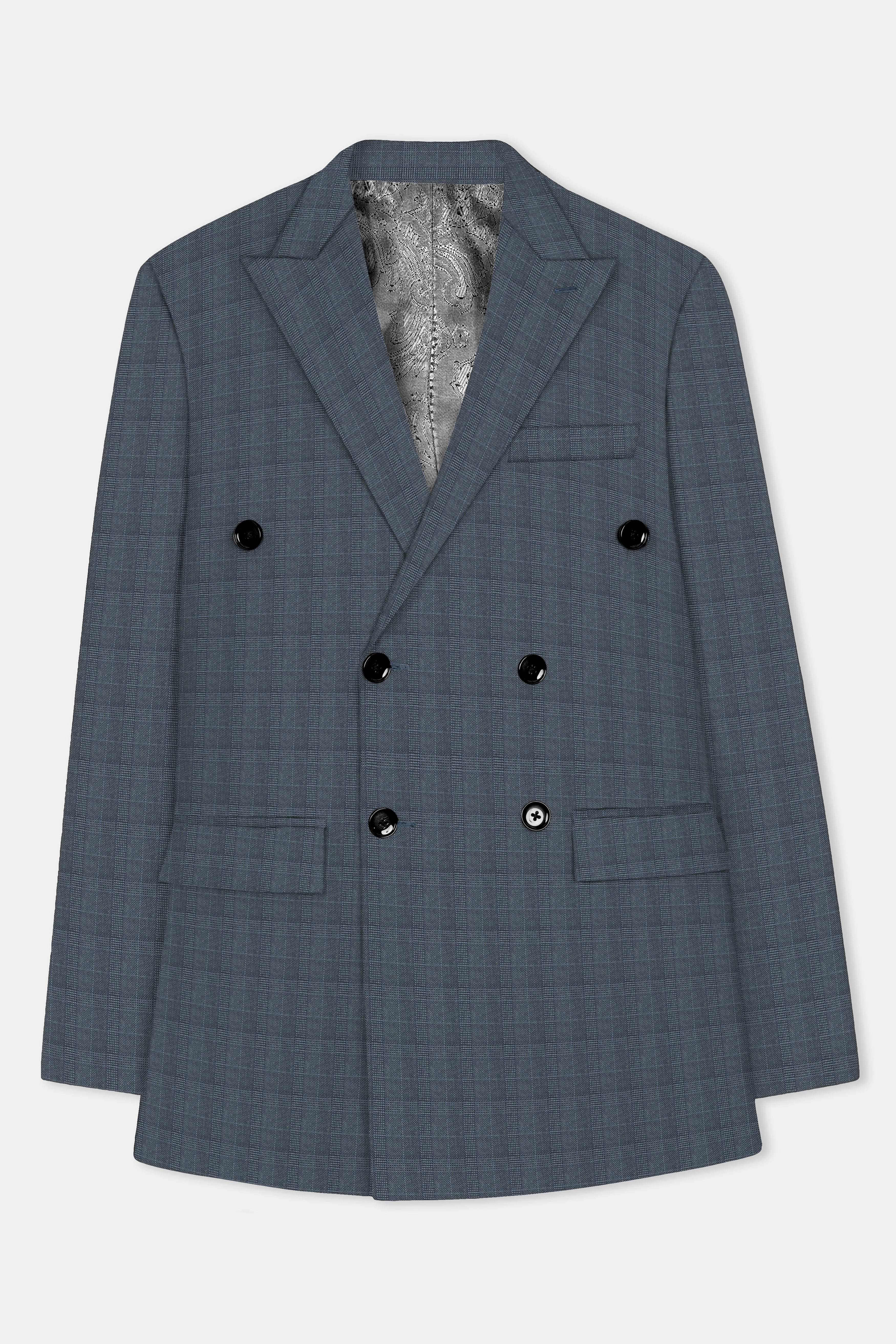 Trout Gray Windowpane Wool Rich Double Breasted Blazer