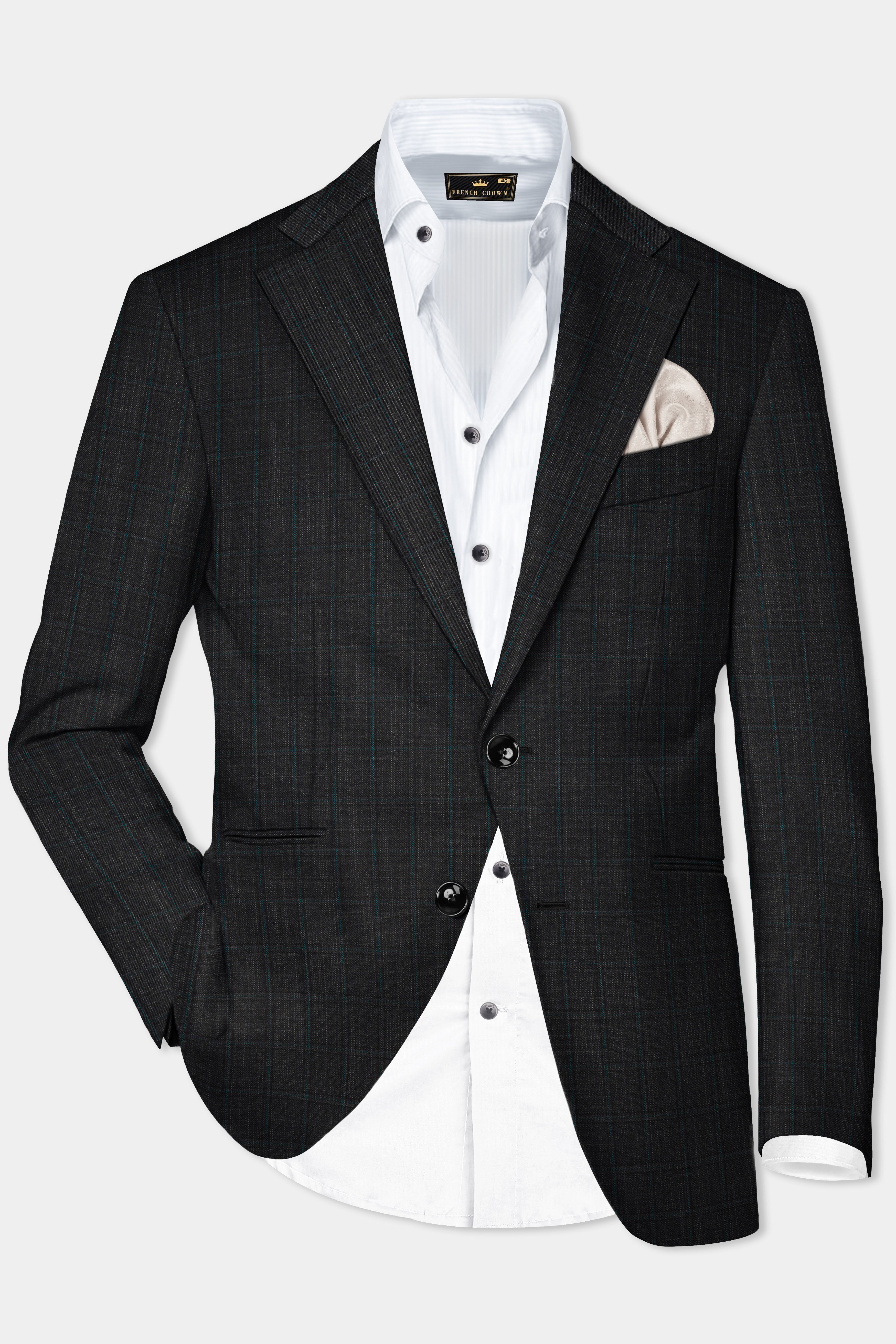 Charcoal Gray Plaid Wool Rich Single Breasted Blazer