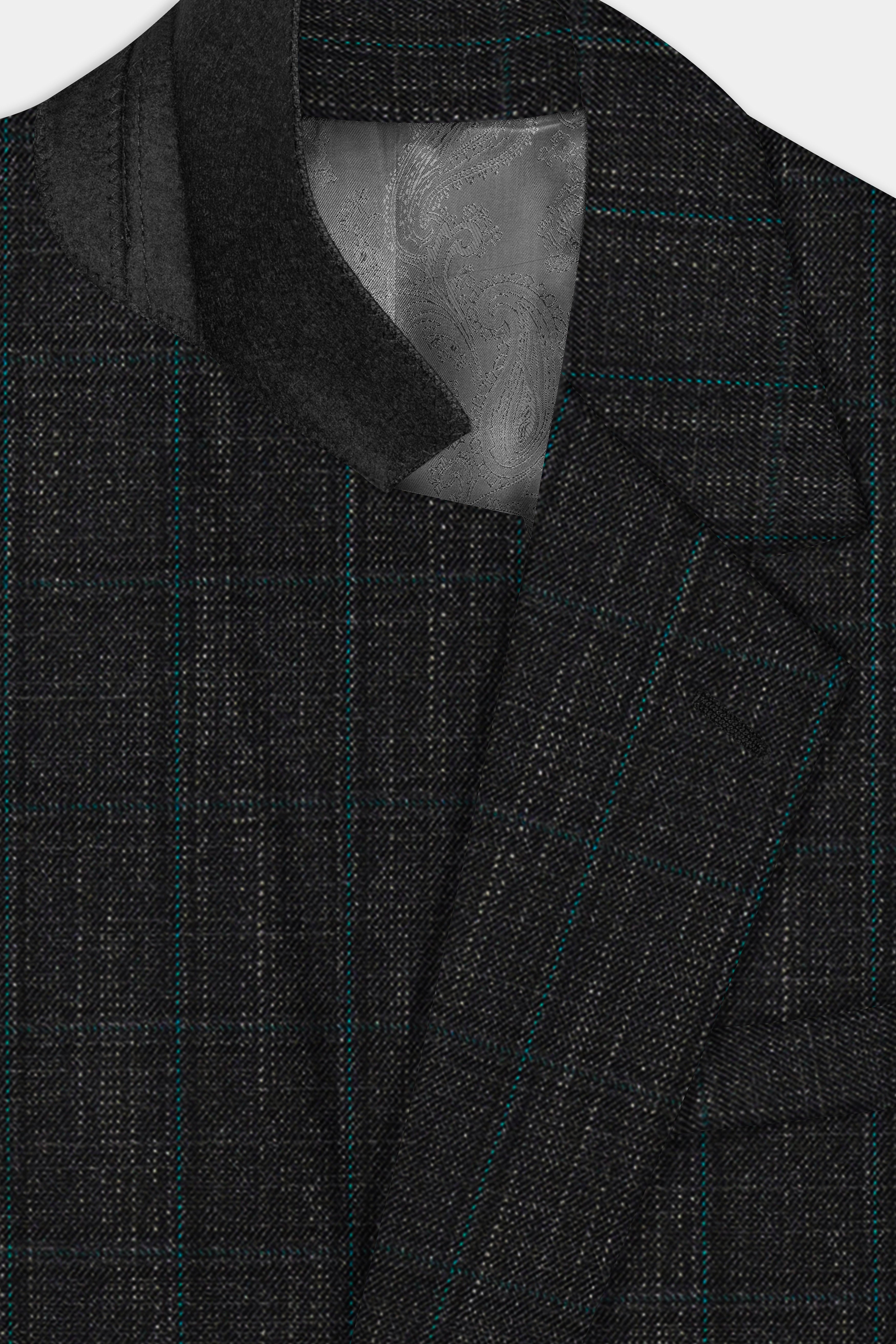 Charcoal Gray Plaid Wool Rich Single Breasted Blazer