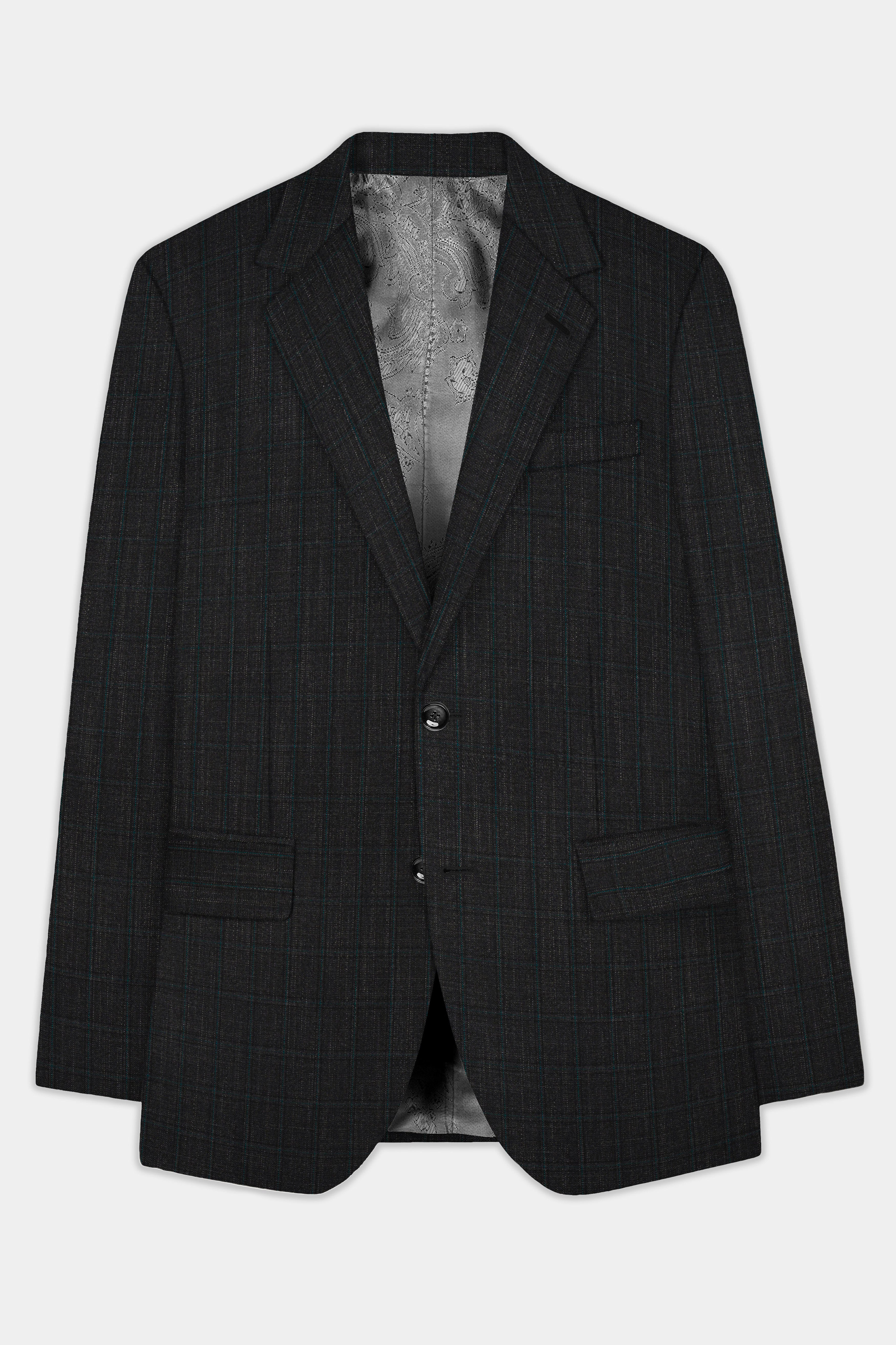Charcoal Gray Plaid Premium Wool Blend Single Breasted Blazer For