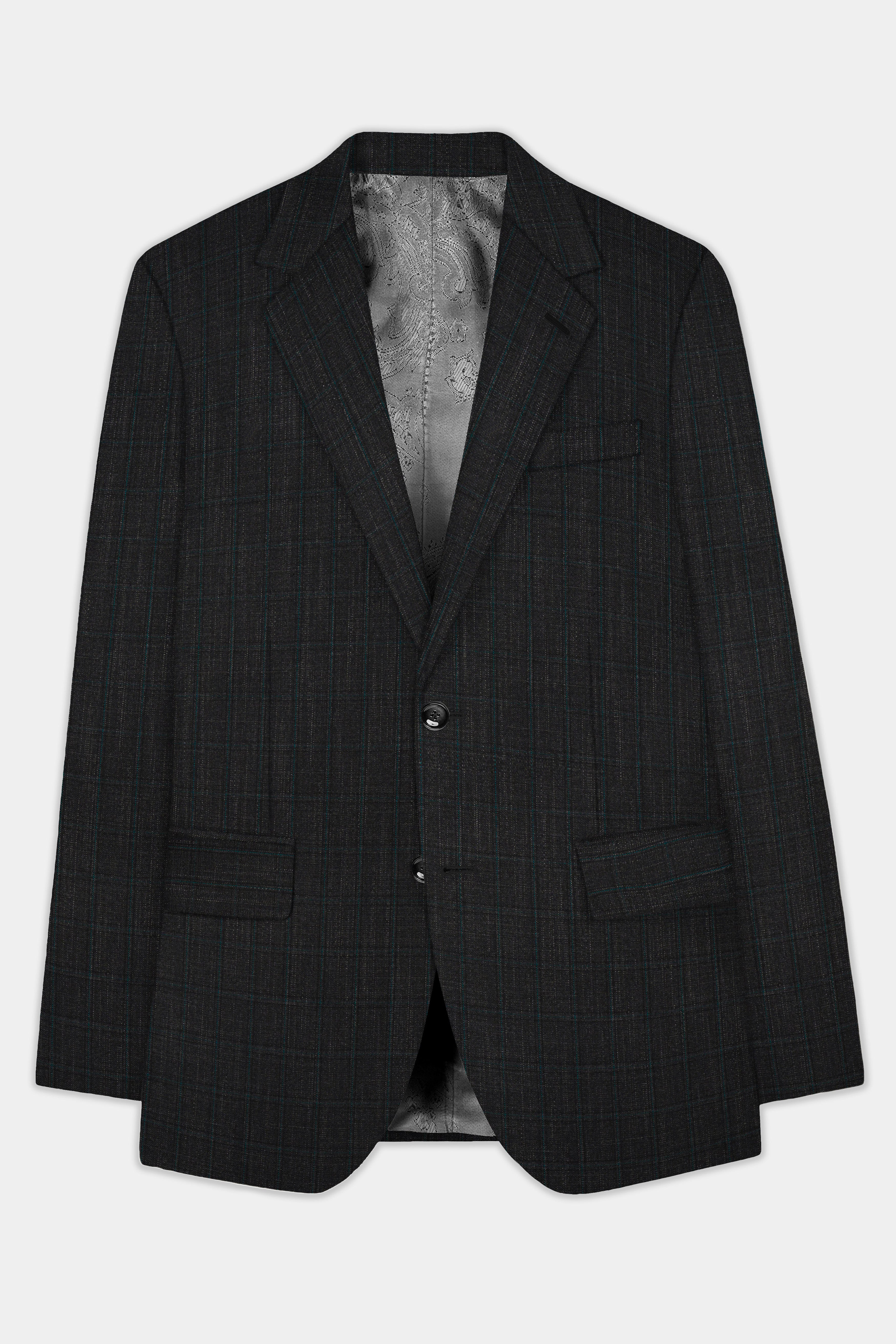 Charcoal Gray Plaid Wool Rich Single Breasted Blazer