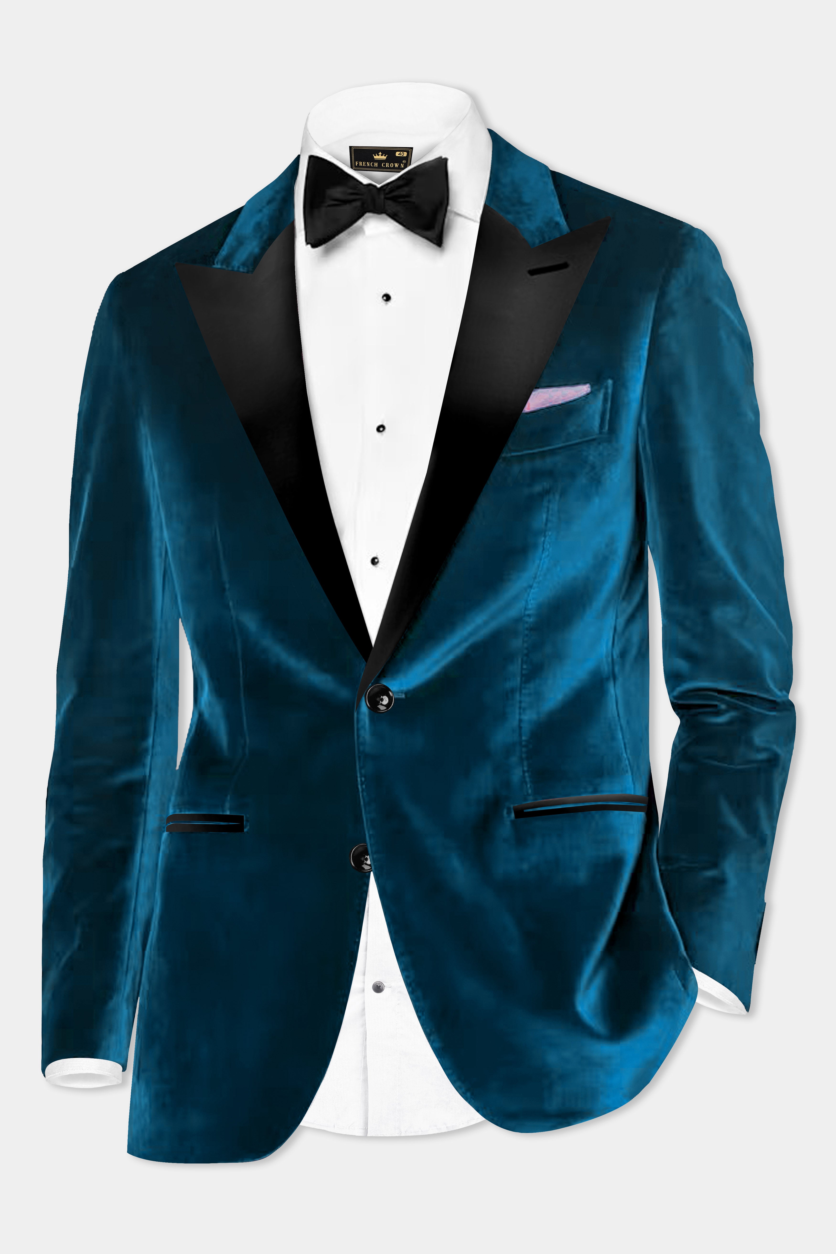 Azure Regal-Prussian Blue Velvet Peak Collar Tuxedo Blazer