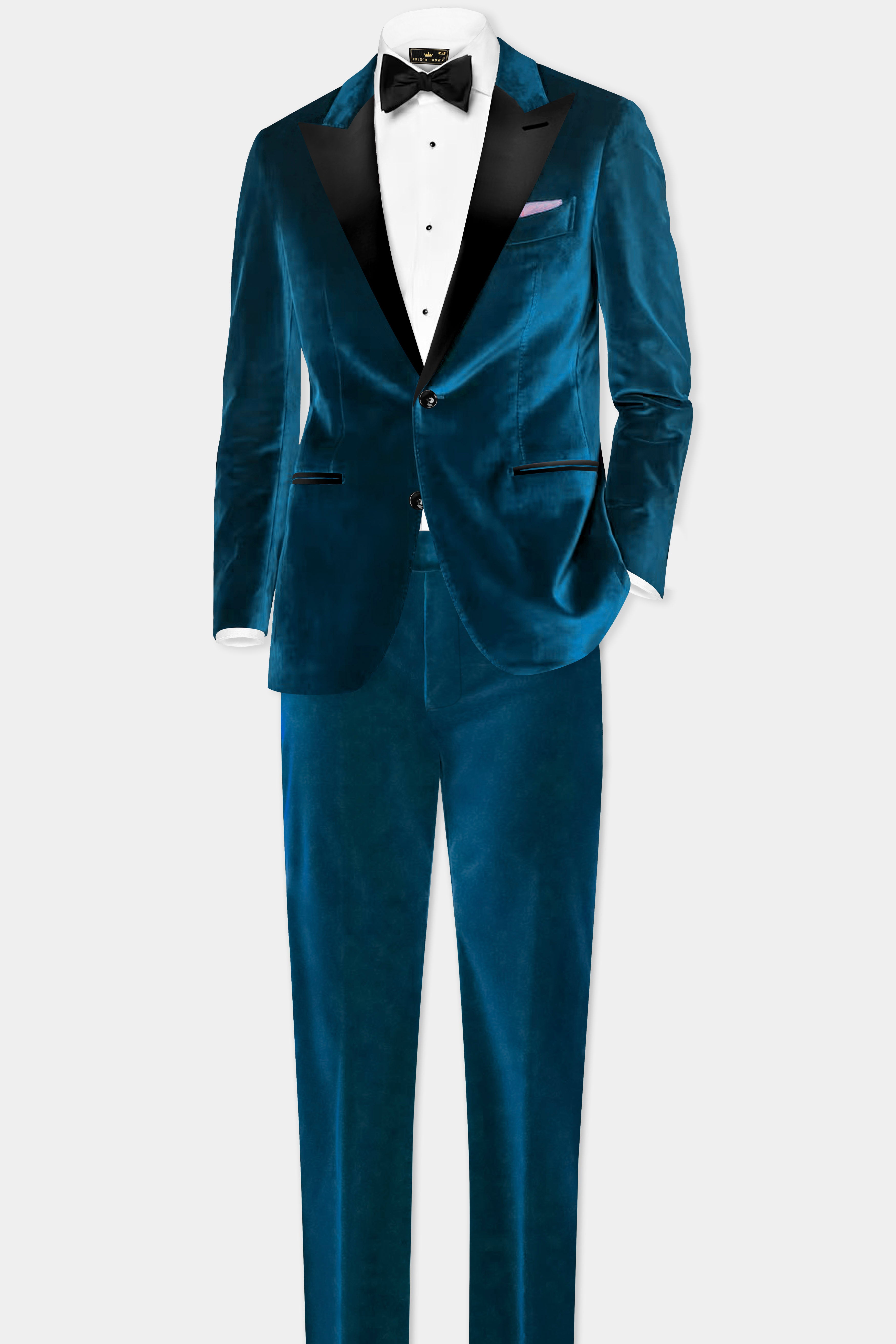 Azure Regal-Prussian Blue Velvet Peak Collar Tuxedo Blazer