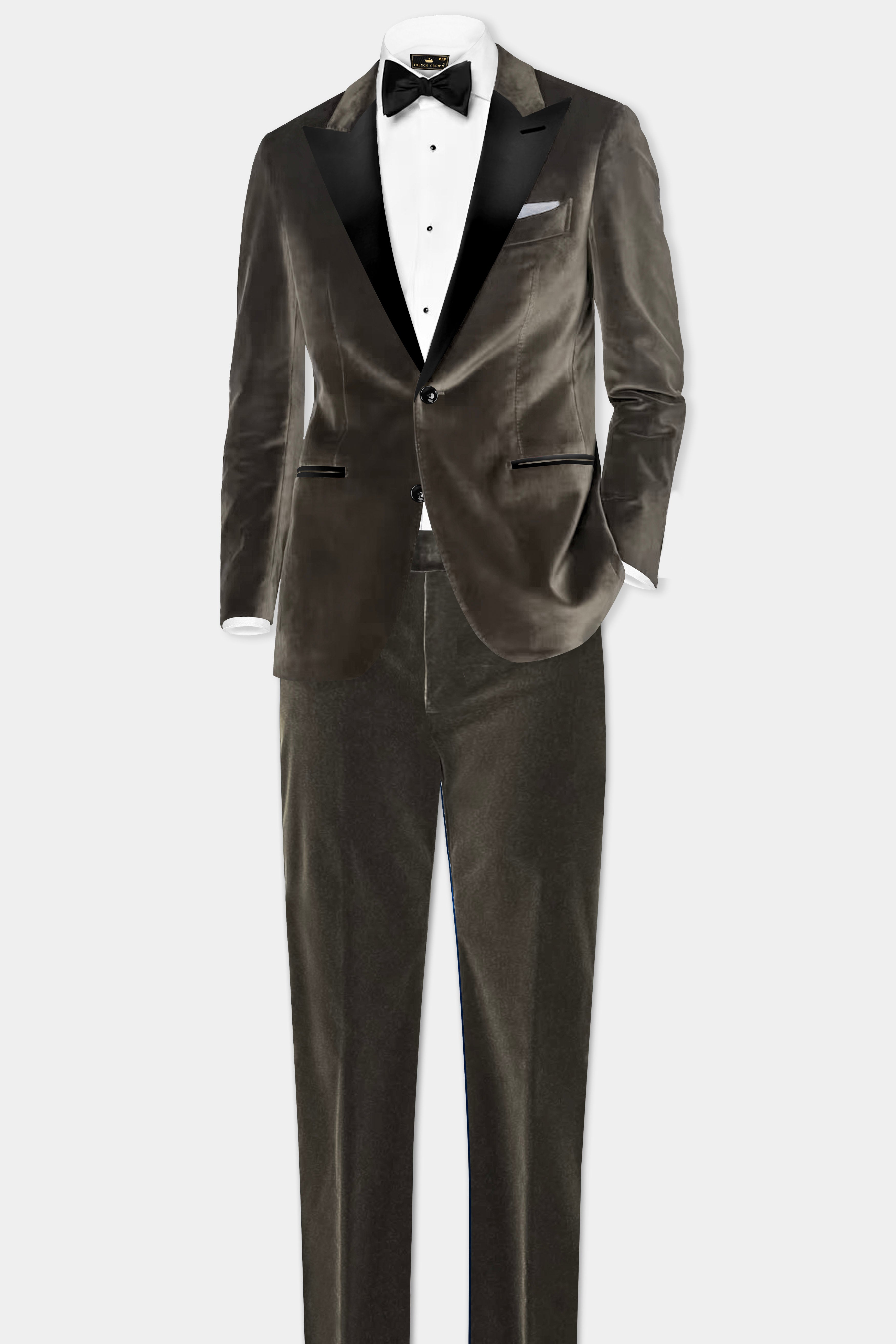 Bronze Elegance-Bistre Brown Velvet Peak Collar Tuxedo Blazer