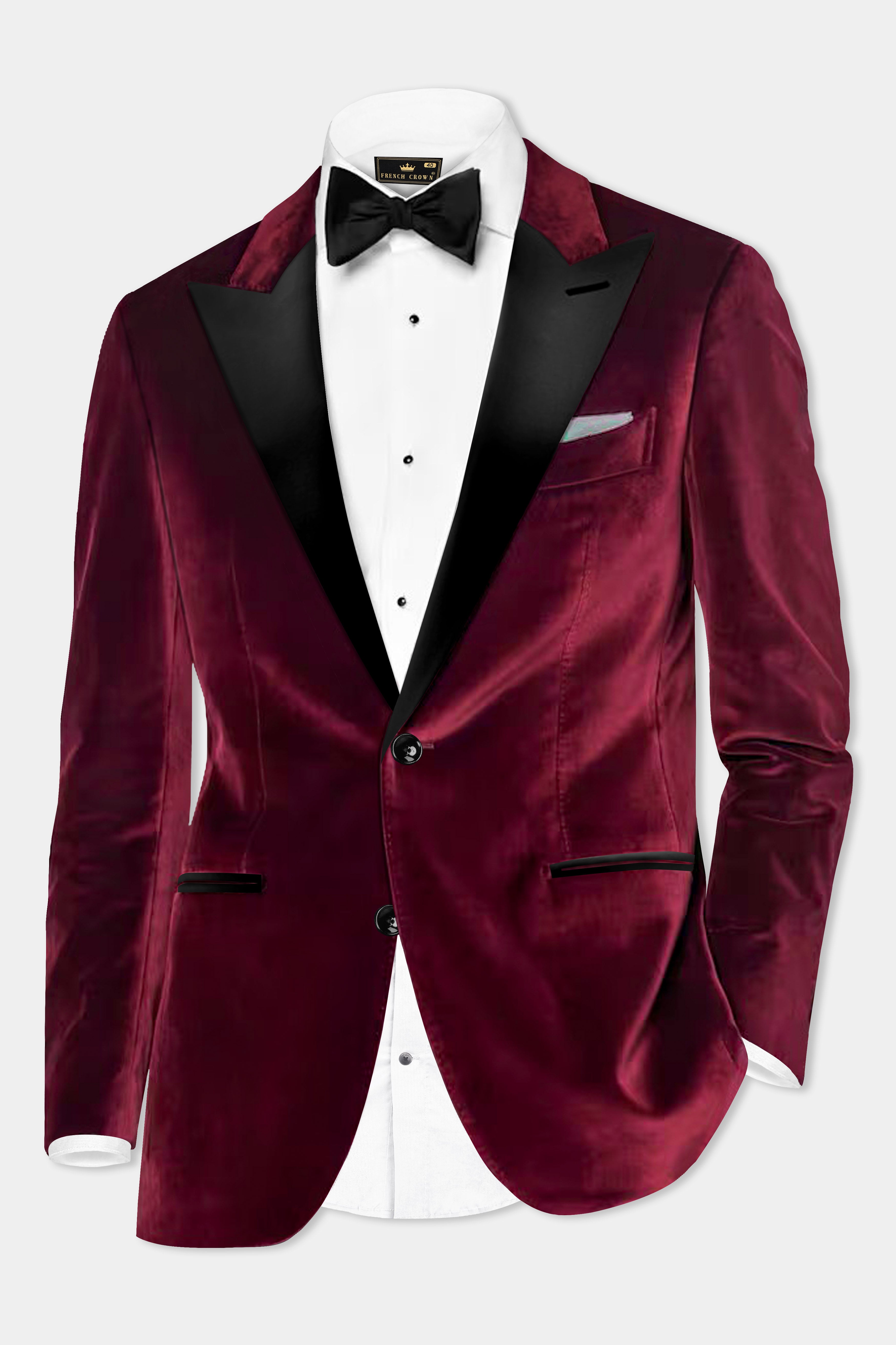 Crimson Opulence-Aubergine Red Velvet Peak Collar Tuxedo Blazer