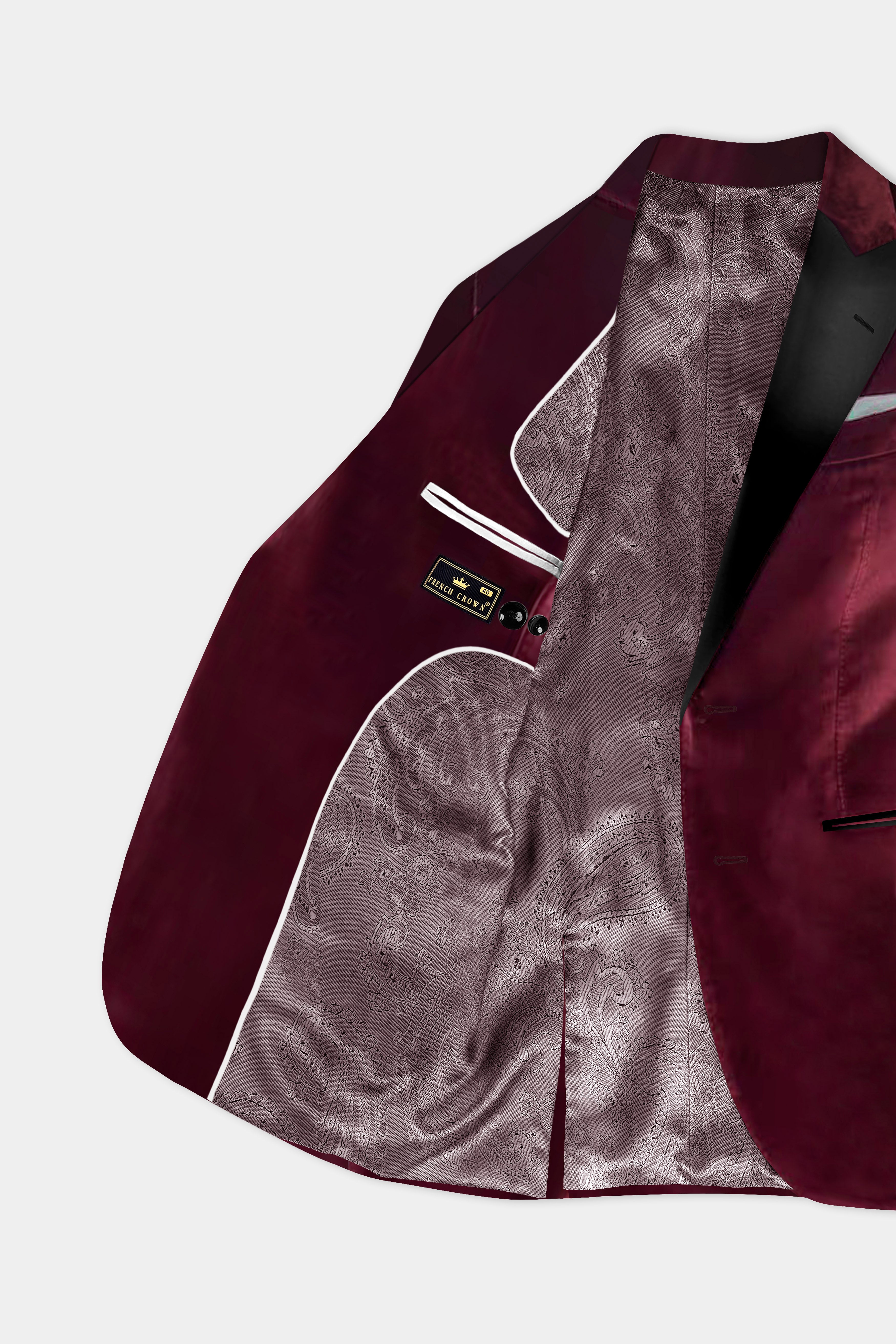 Crimson Opulence-Aubergine Red Velvet Peak Collar Tuxedo Blazer