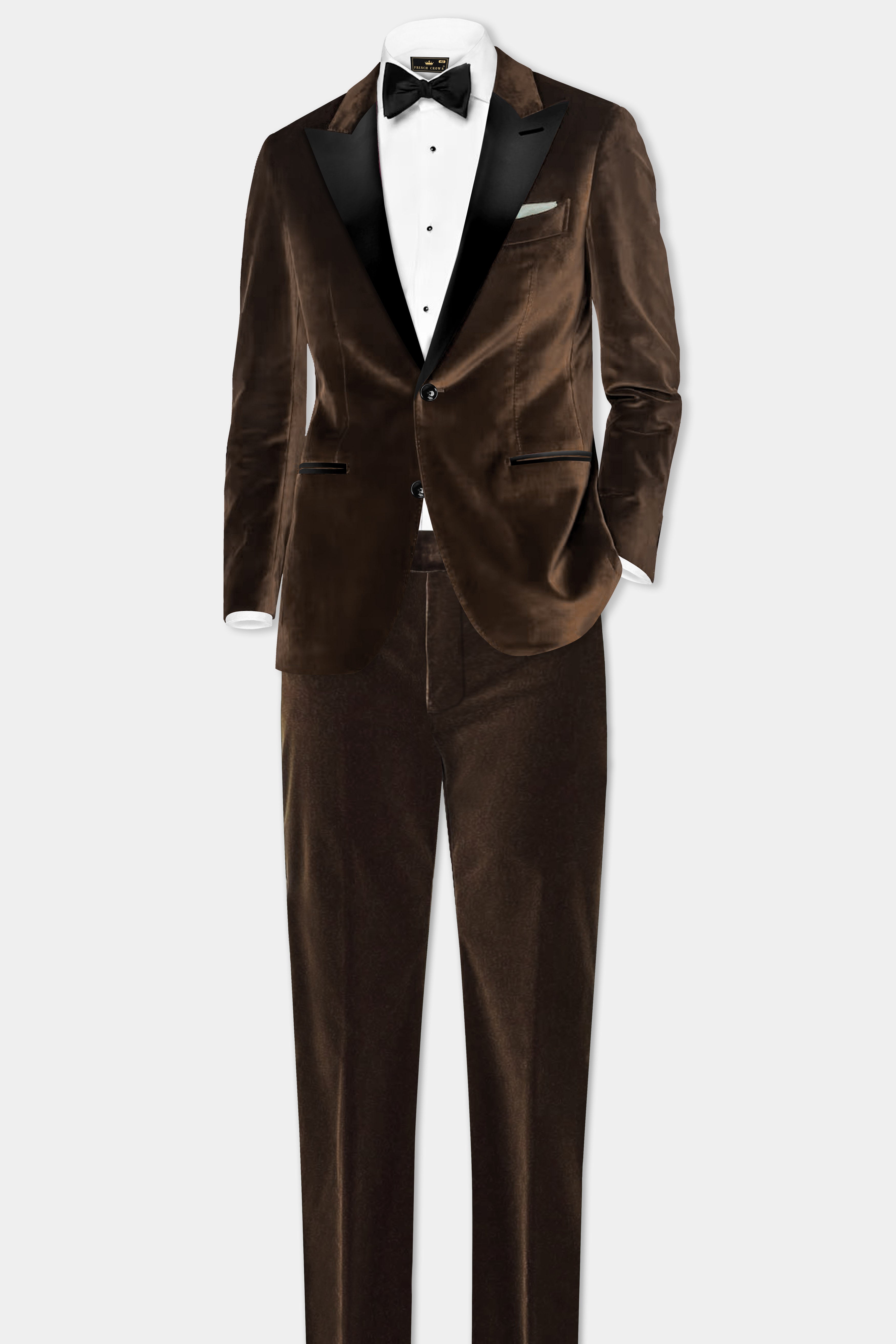 Espresso Elegance-Coffee Bean Velvet Peak Collar Tuxedo Blazer