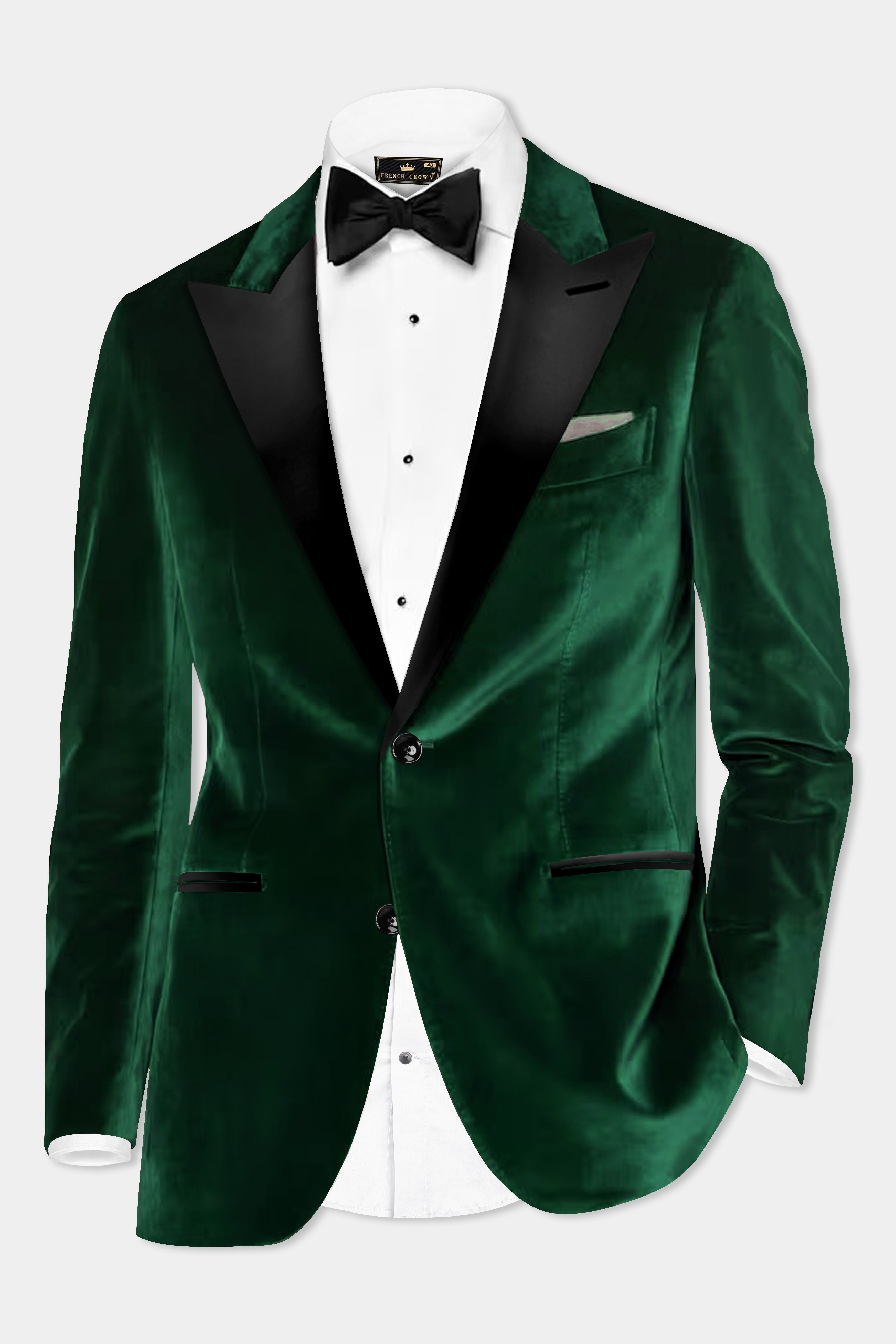 Verdant Majesty-English Holly Green Velvet Peak Collar Tuxedo Blazer