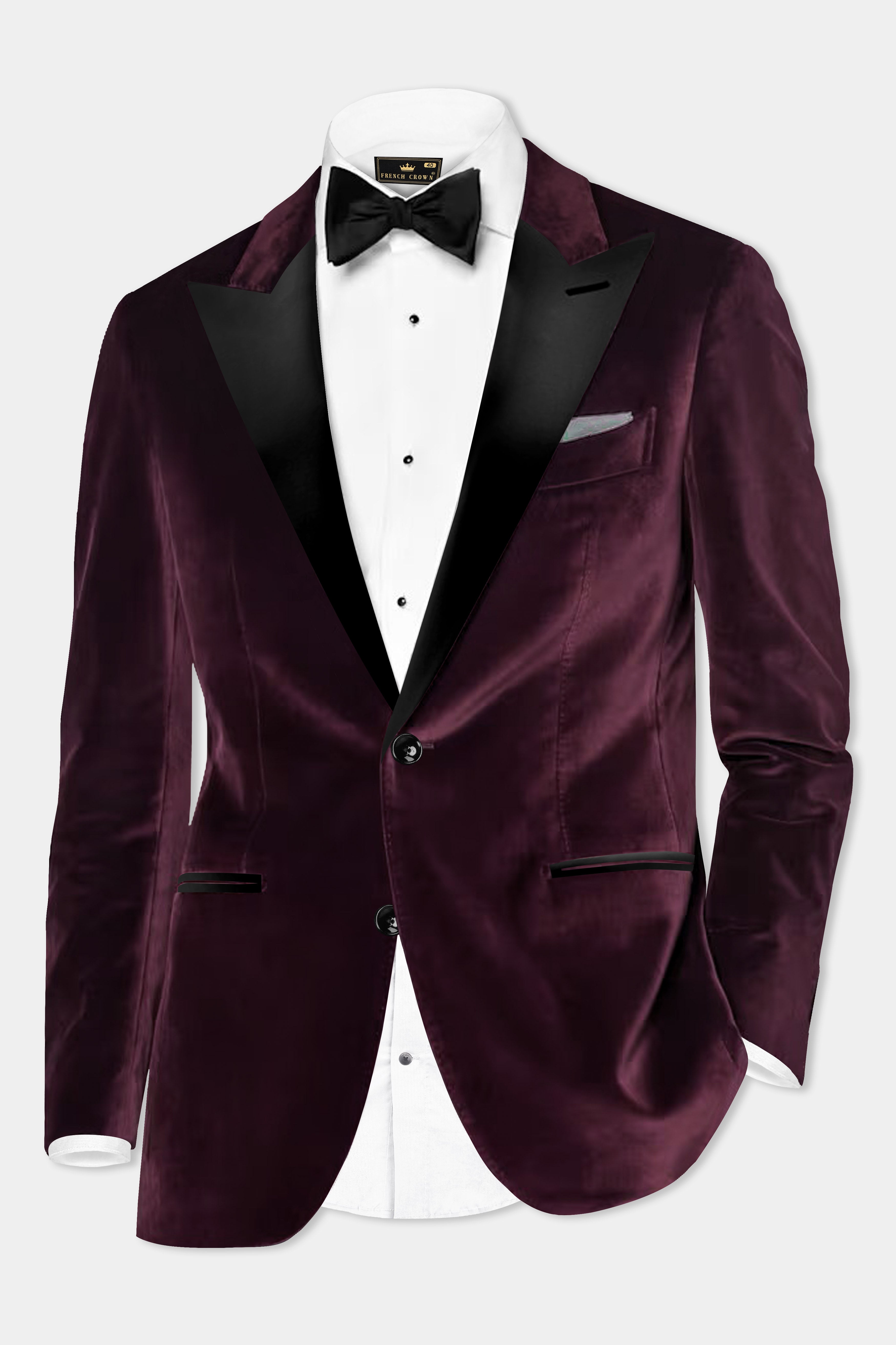 Urban Crimson-Asphalt Maroon Velvet Peak Collar Tuxedo Blazer