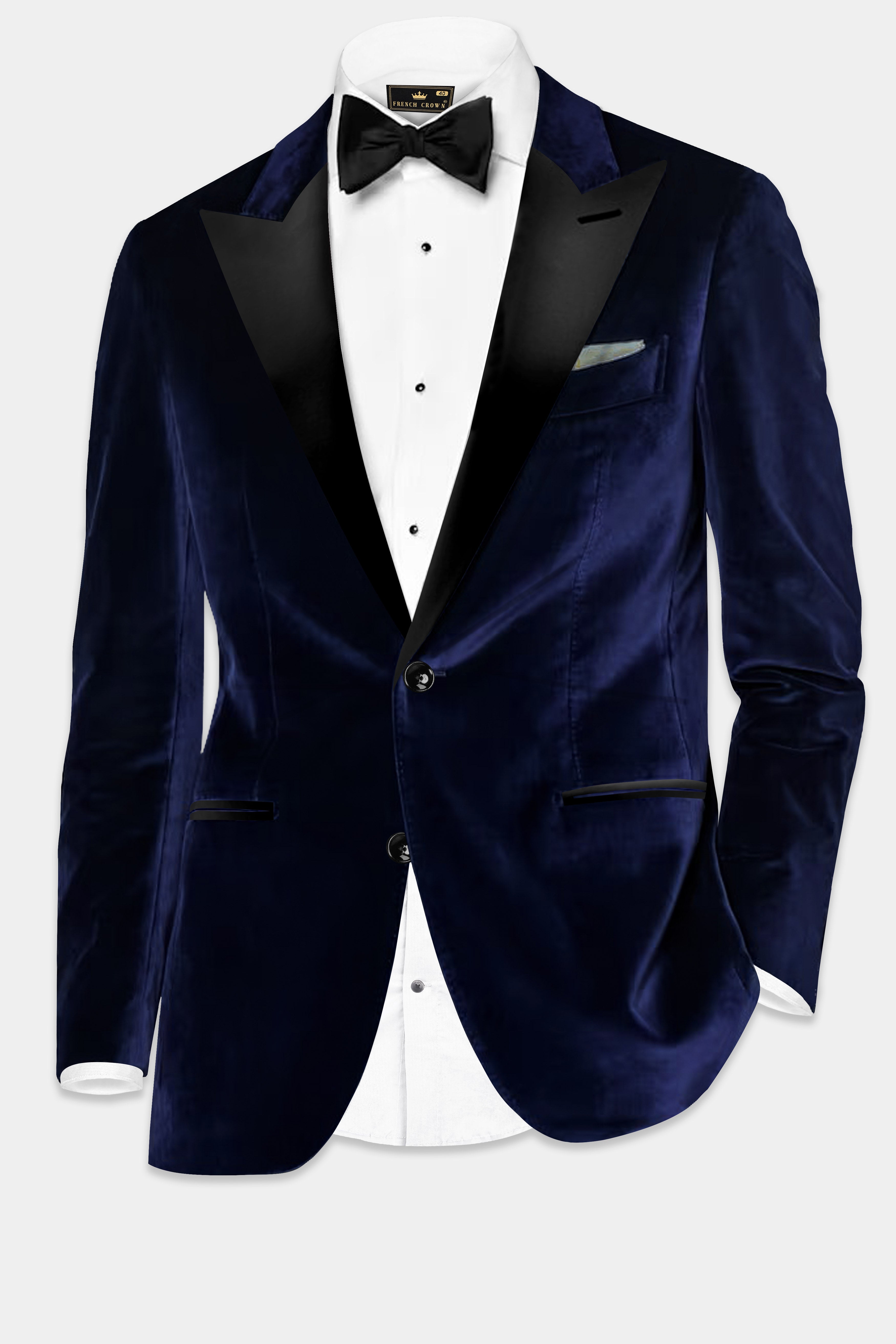 Celestial Blue-Azure Blue Velvet Peak Collar Tuxedo Blazer