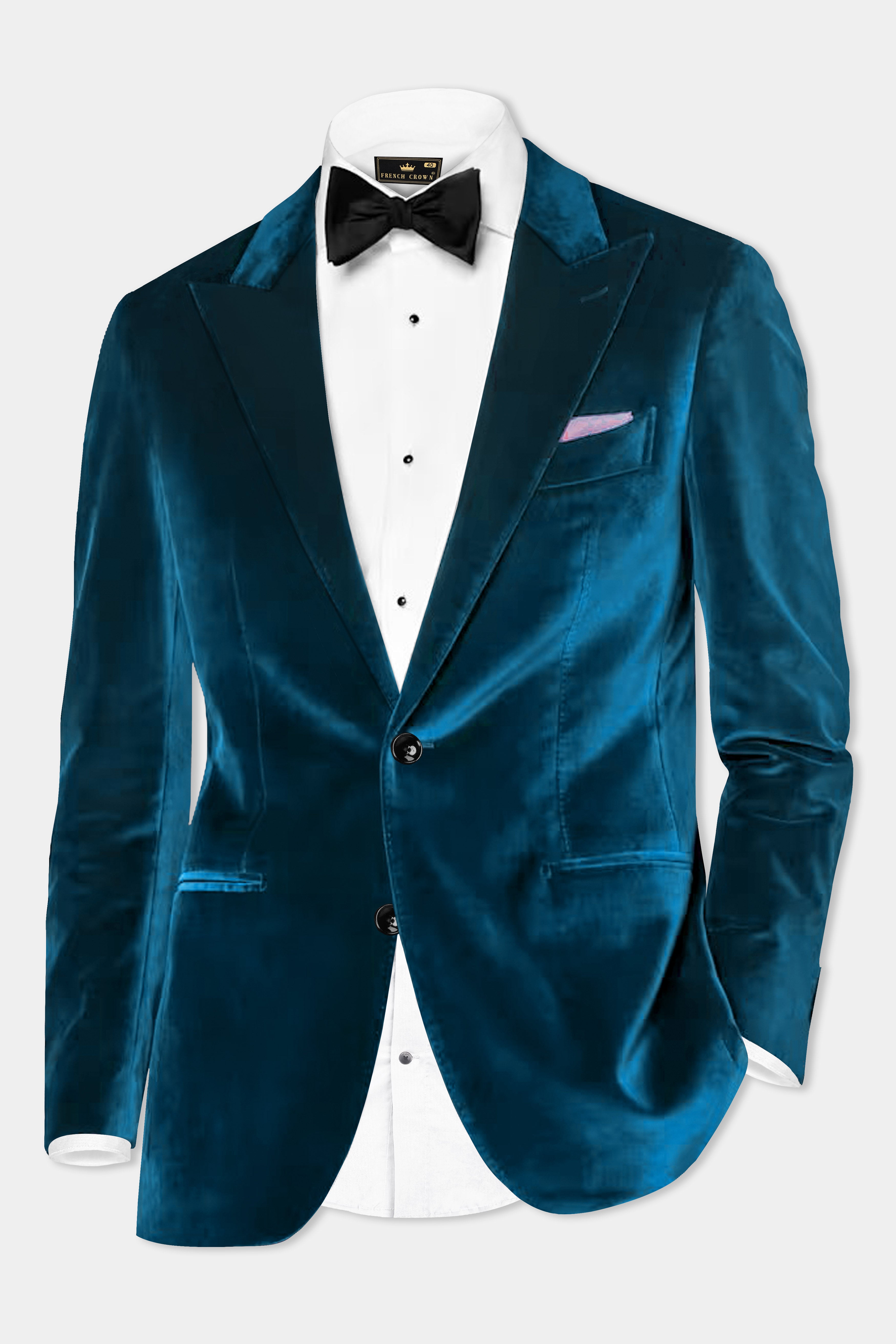 Azure Regal-Prussian Blue Velvet Single Breasted Peak lapel Blazer