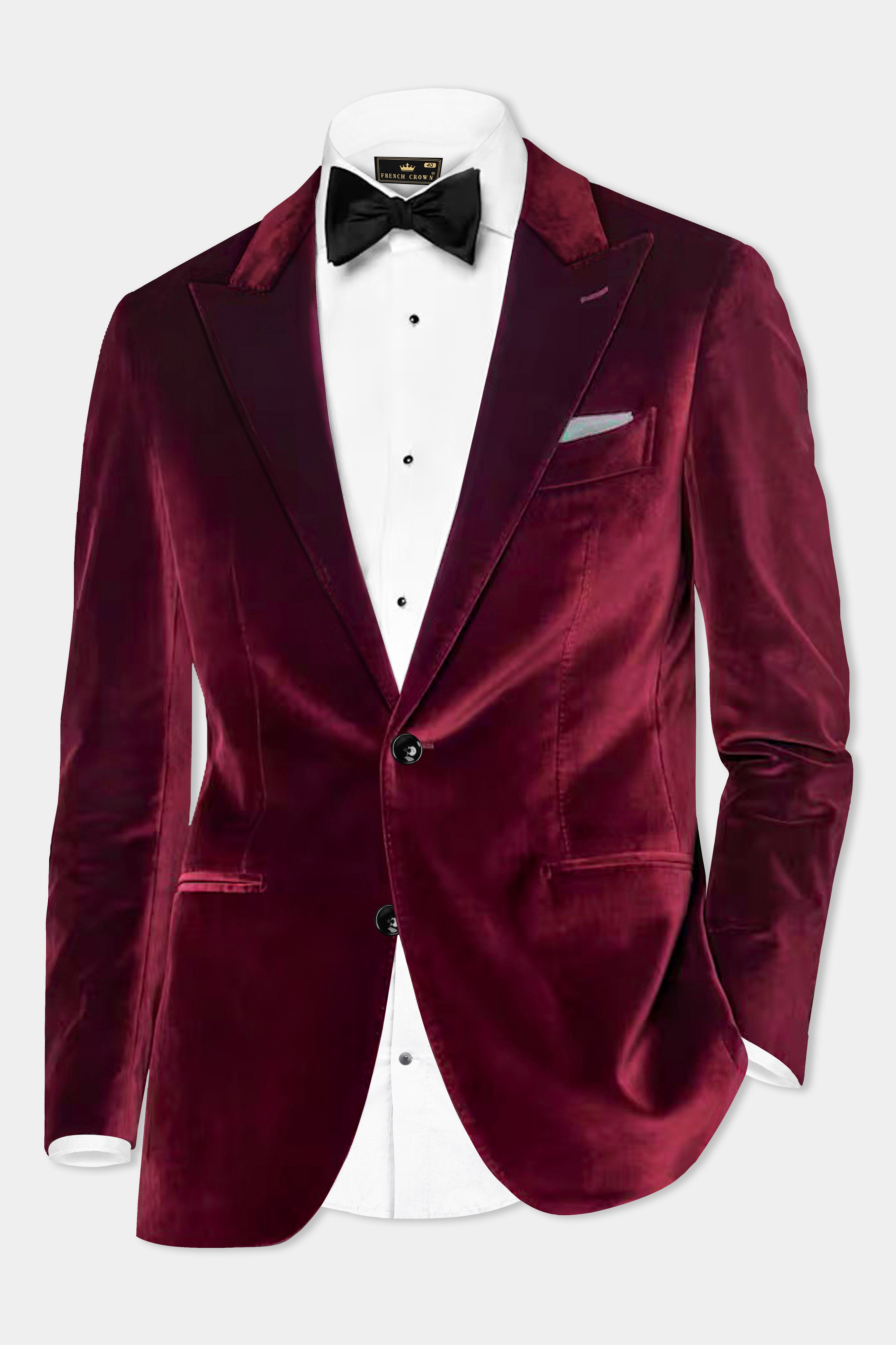 Crimson Opulence-Aubergine Red Velvet Single Breasted Peak lapel Blazer