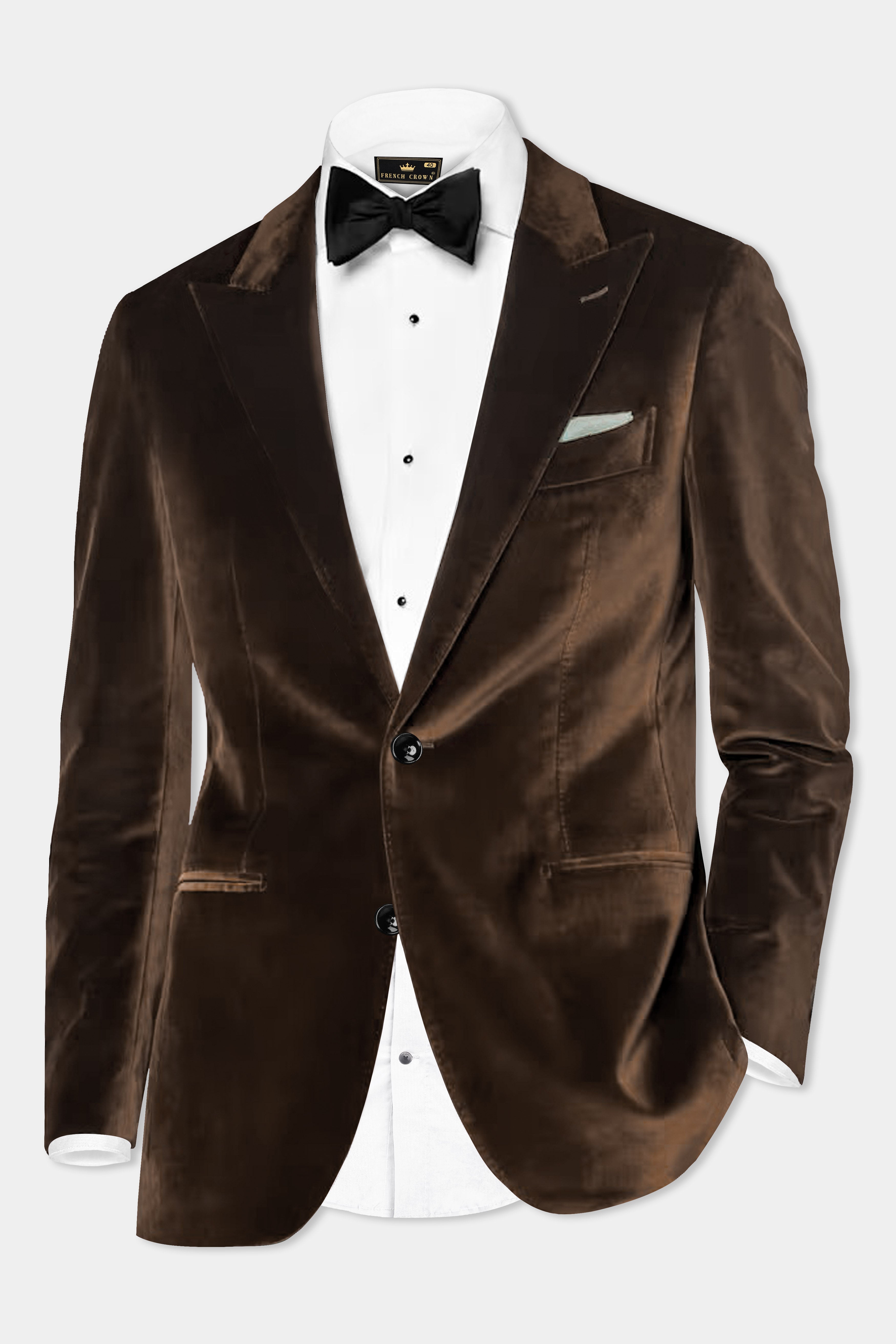 Espresso Elegance-Coffee Bean Velvet Single Breasted Peak lapel Blazer