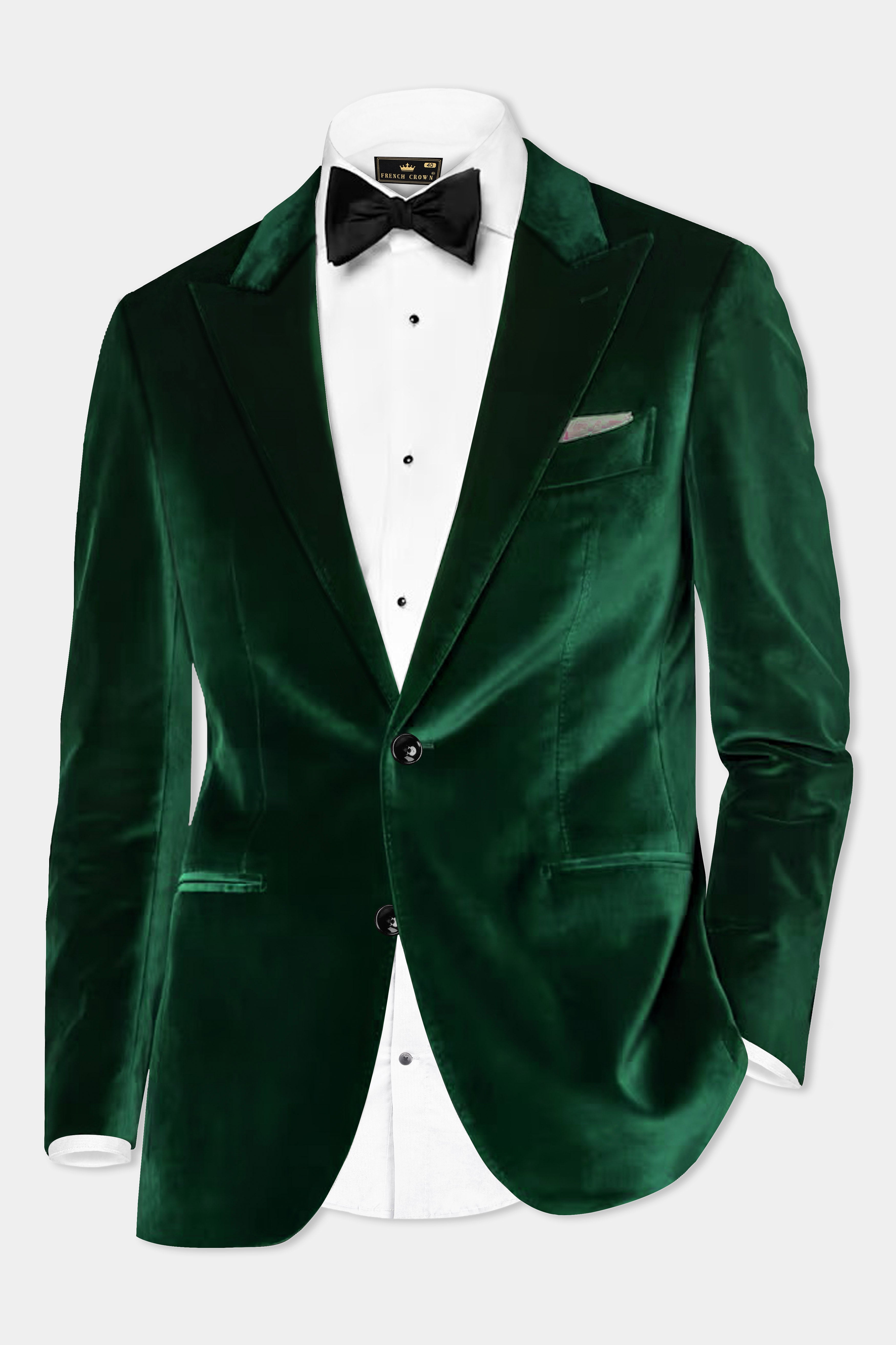 Verdant Majesty-English Holly Green Velvet Single Breasted Peak lapel Blazer