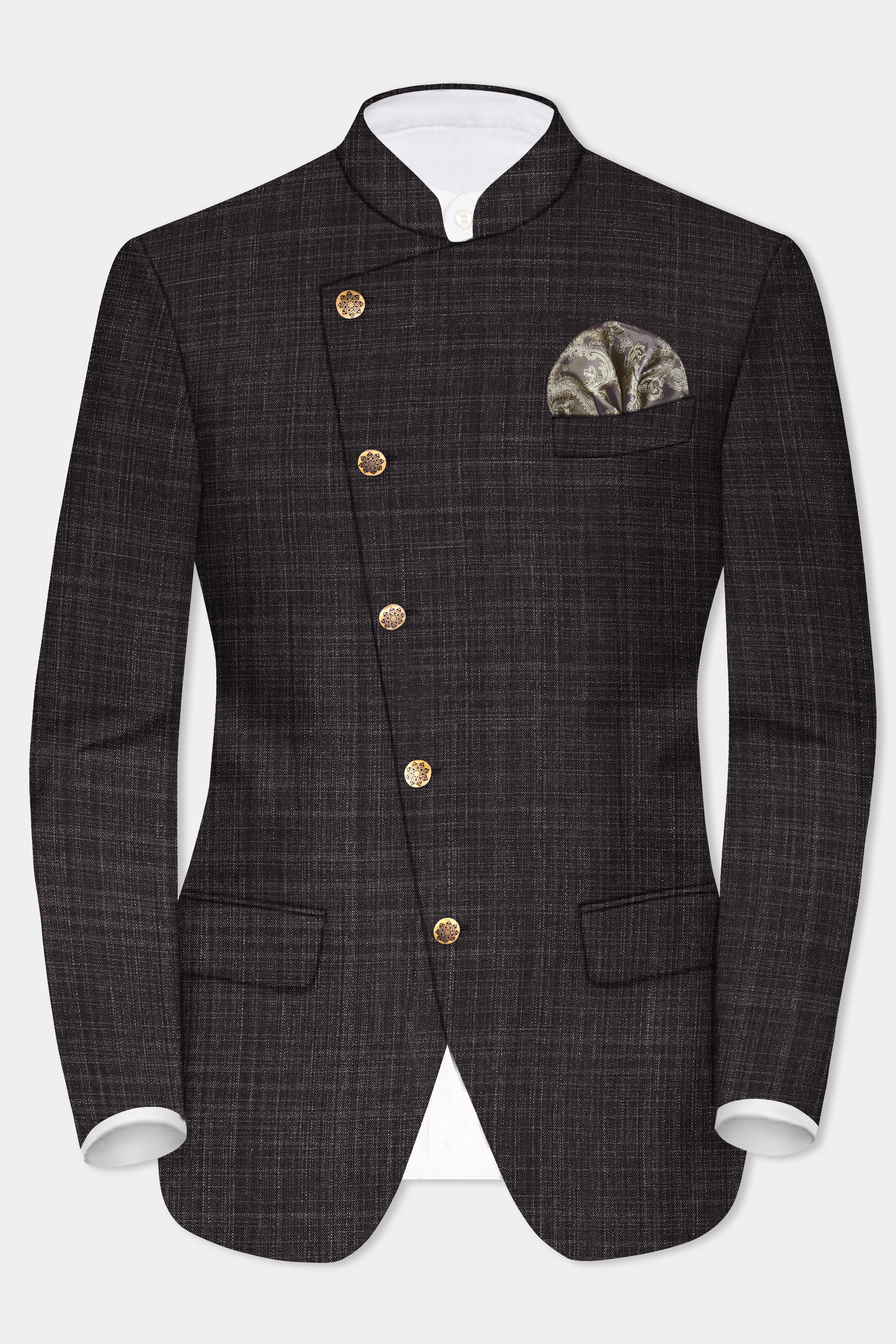 CaféNoir-Piano Brown Textured Wool Rich Cross Placket Bandhgala Blazer